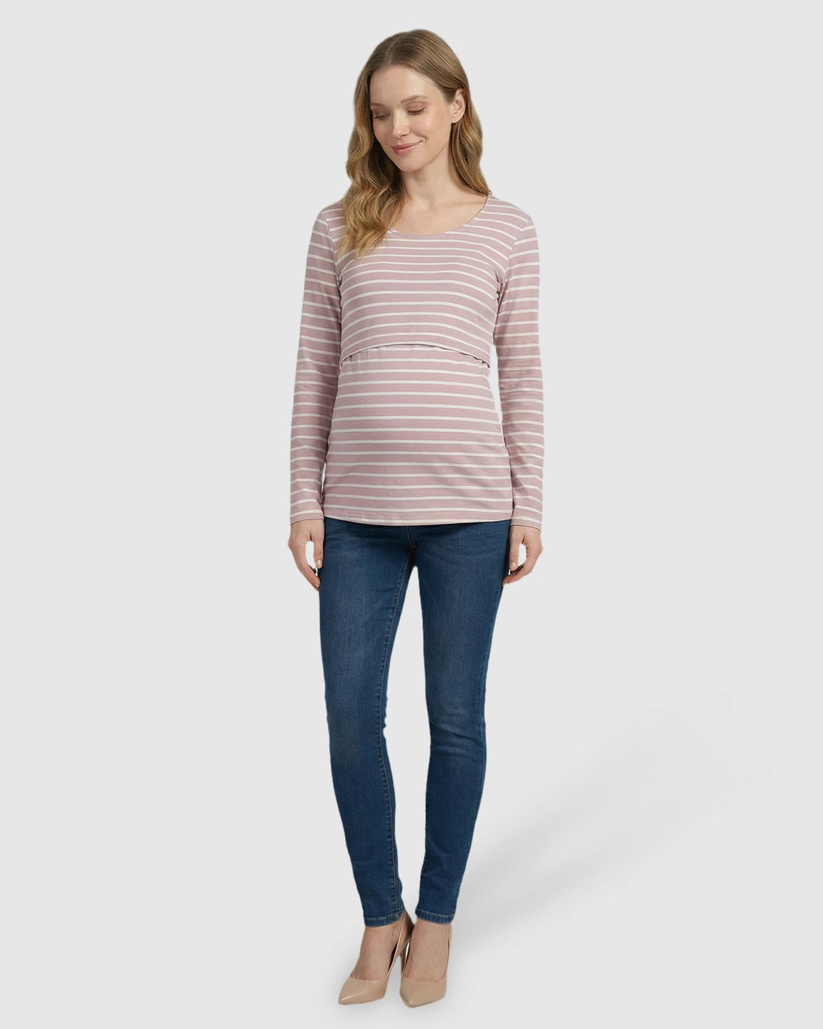 Round Neck Stripe Pull-up Maternity & Nursing Top