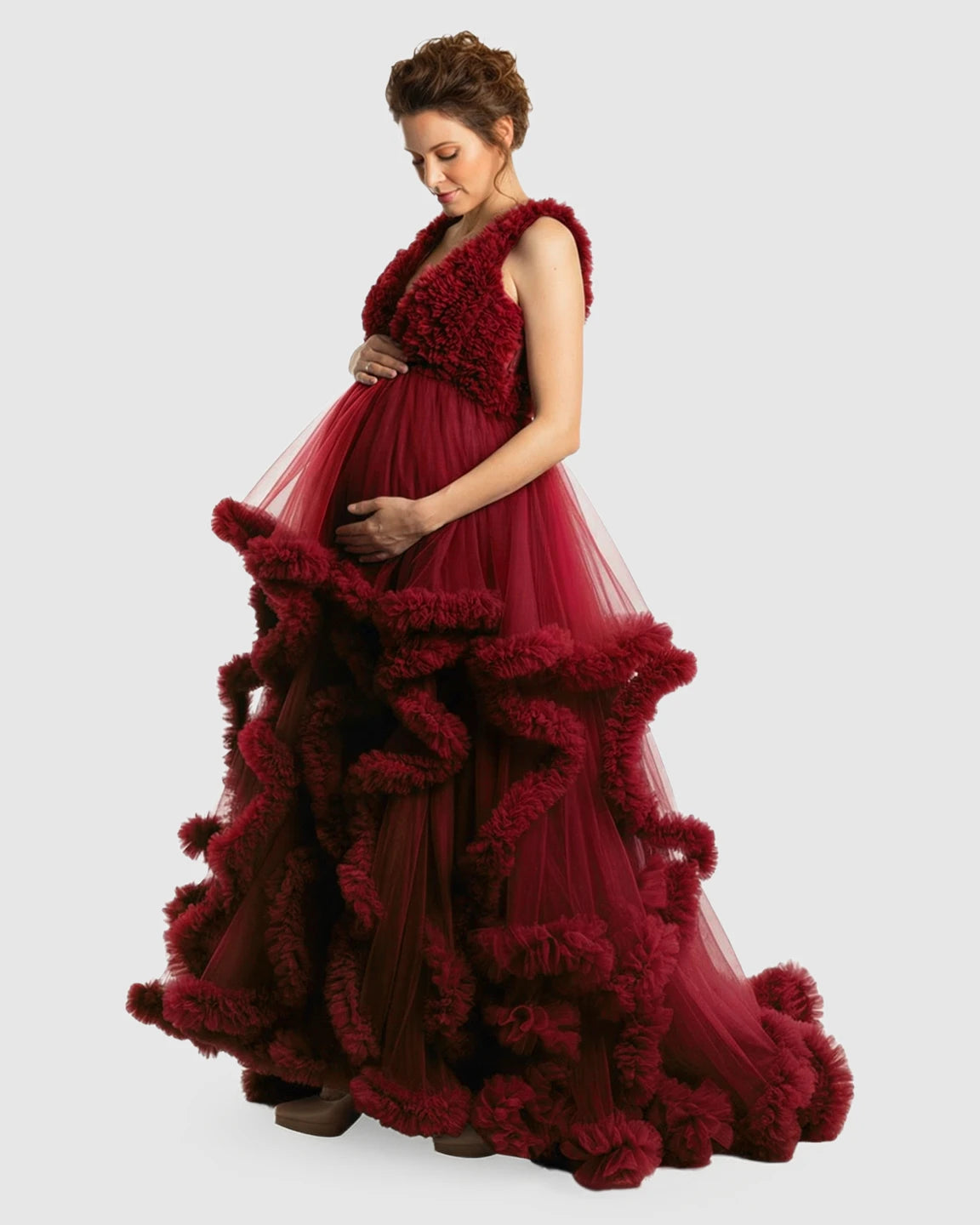 Ruffled Bodice Multi-Layer Mesh Pleats Maternity Gown