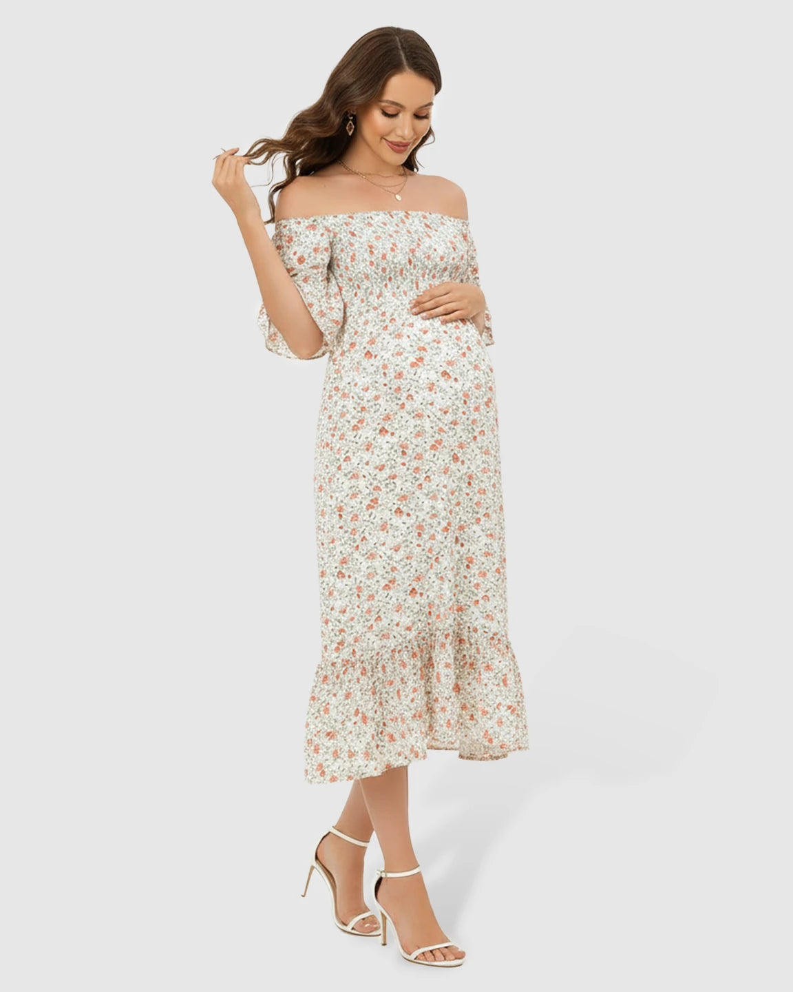 Off-Shoulder Boho Maternity Midi Dress