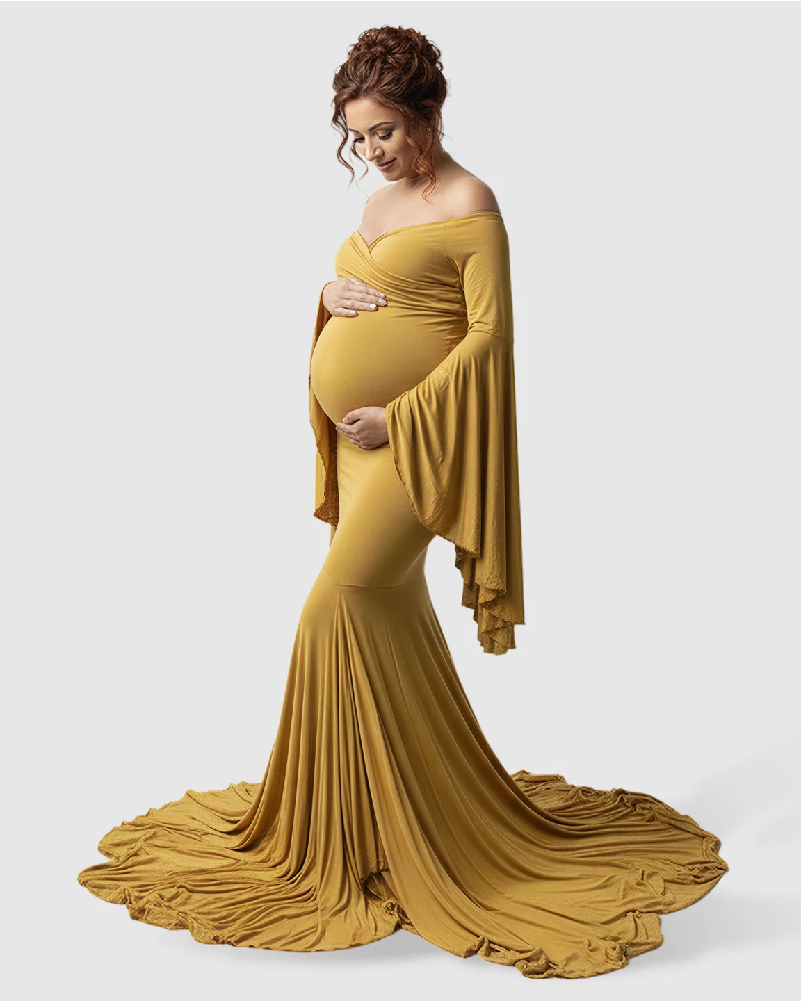 Flared Sleeve Fishtail Train Maternity Photoshoot Dress
