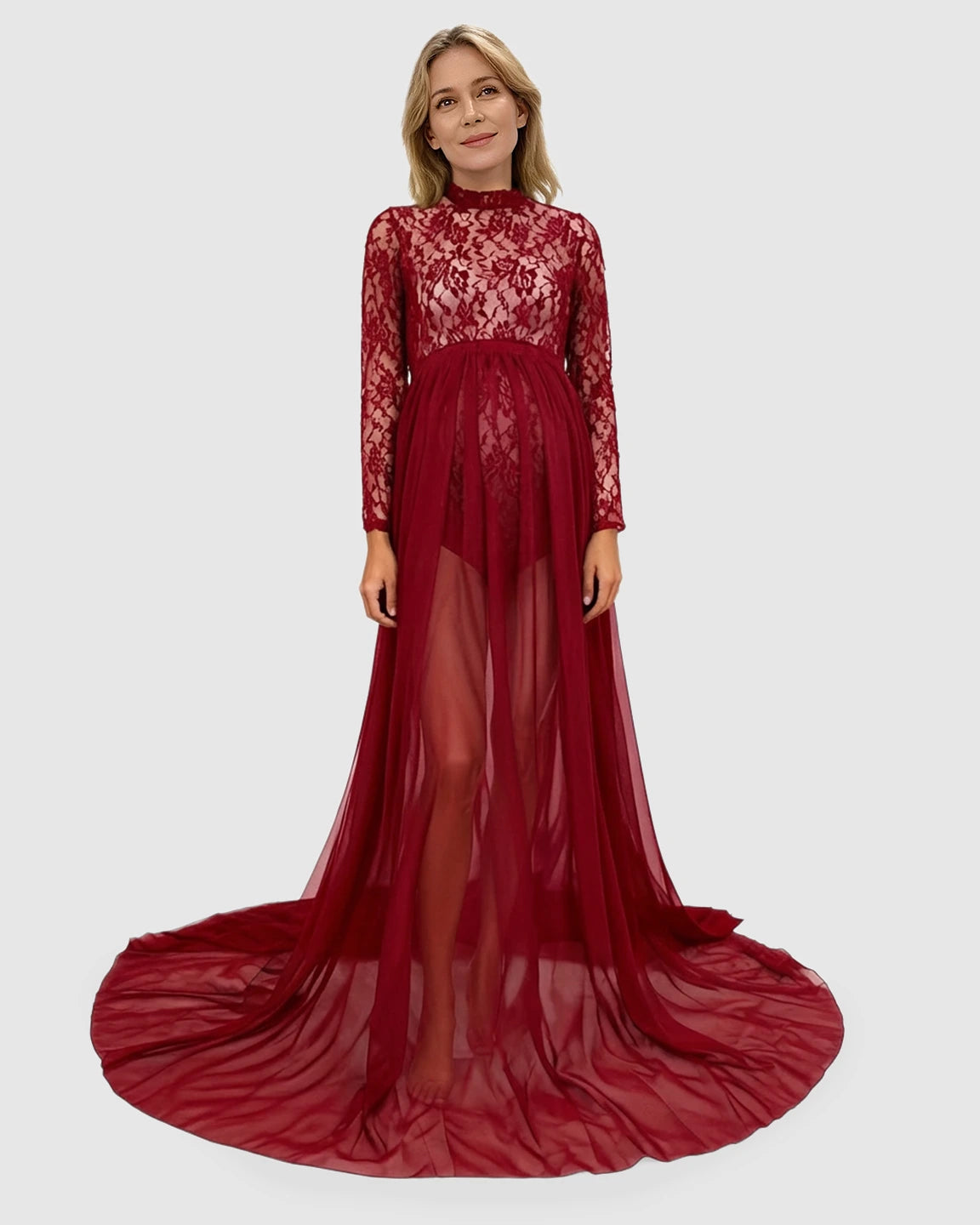 Sheer Lace Double Slit Maternity Photoshoot Gown