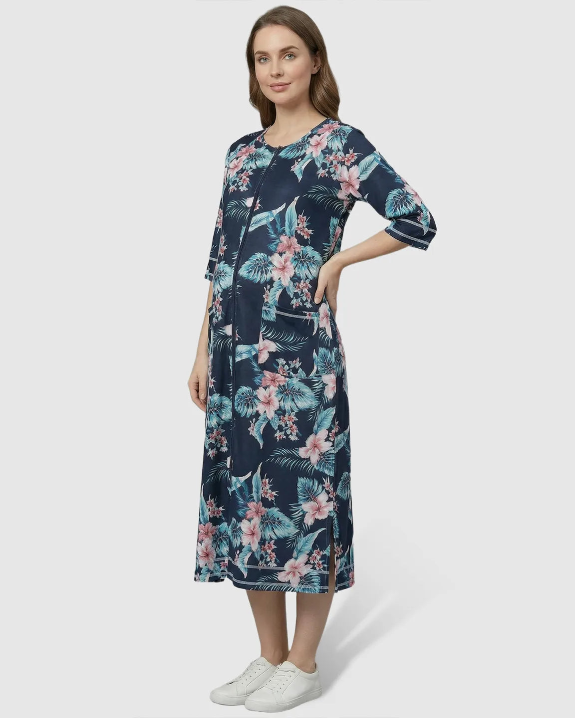 Front Zipper Casual Maternity Nursing Lounge Dress