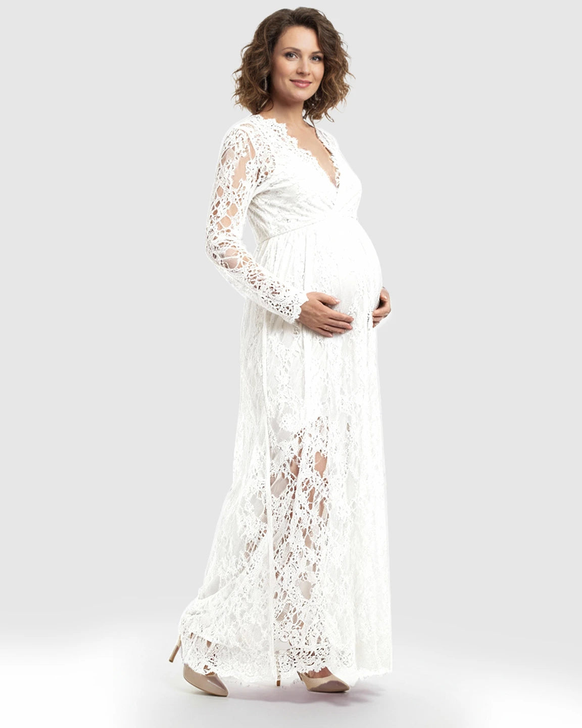 Sheer Floral Lace Empire Waist Maternity Maxi Dress