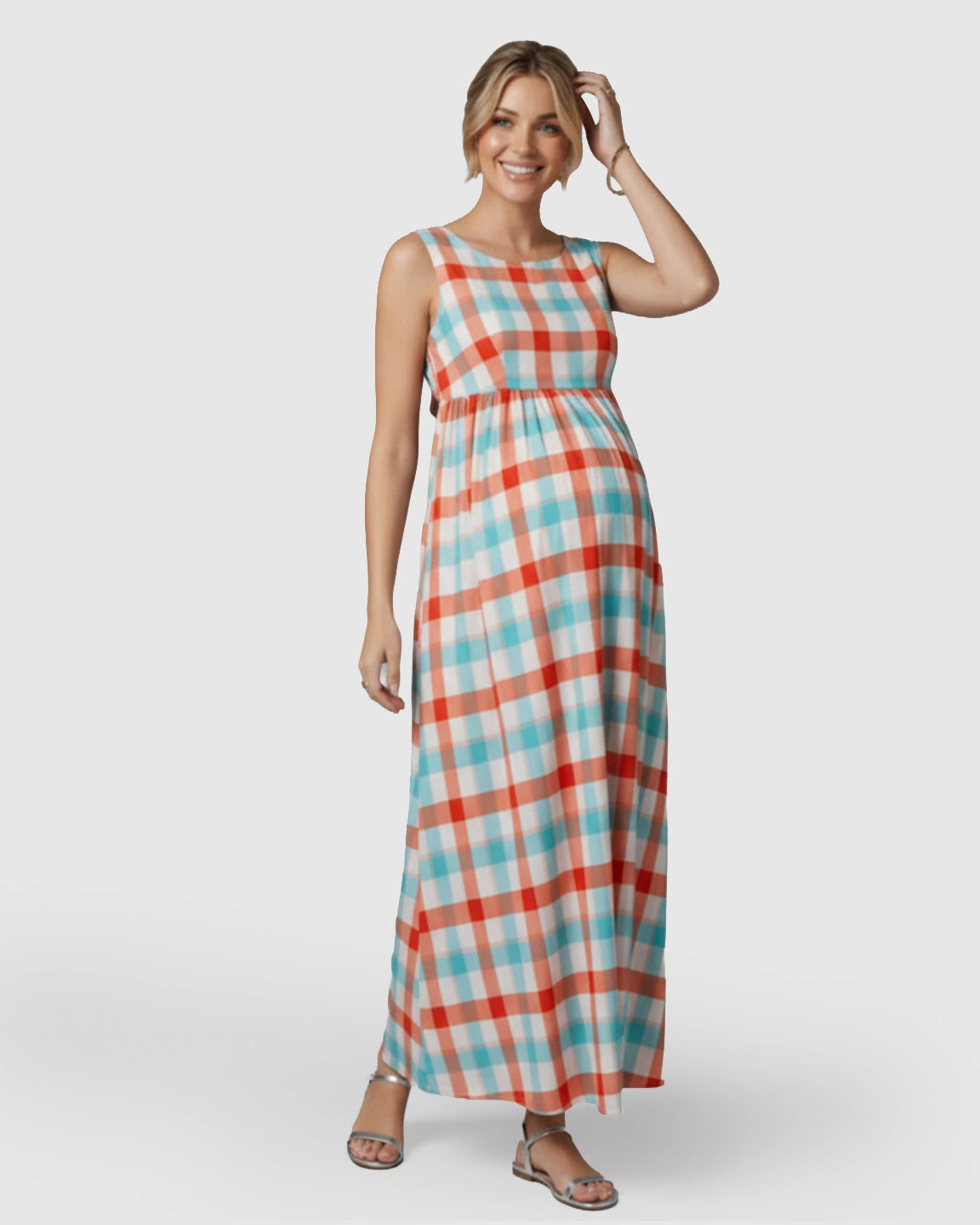 Tie-Back Plaid Pattern Maternity Maxi Dress