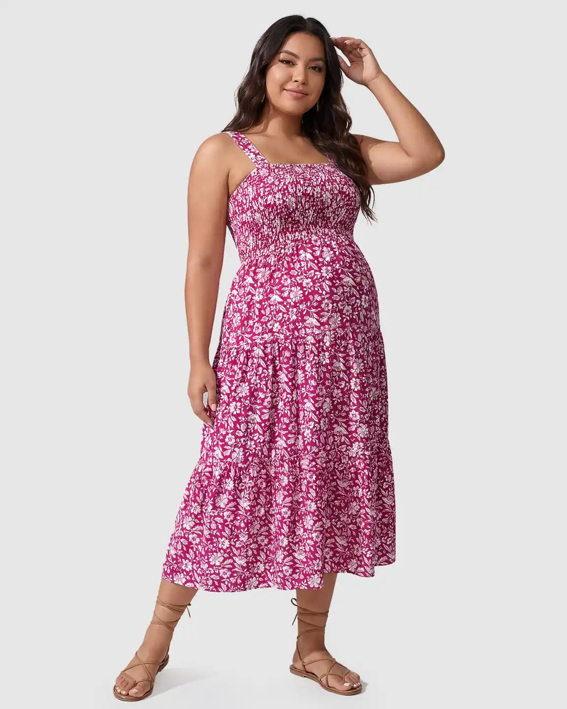 Smocked Floral A-Line Maternity Midi Dress