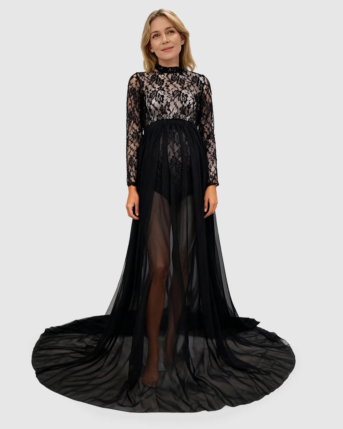 Sheer Lace Double Slit Maternity Photoshoot Gown