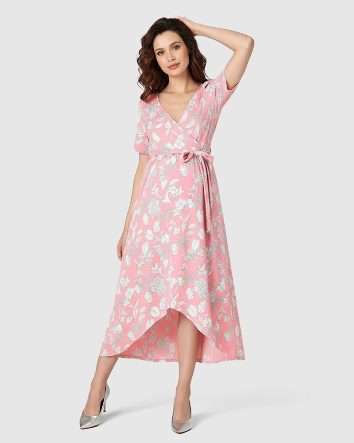 V-Neck Floral Wrap Maternity Midi Dress