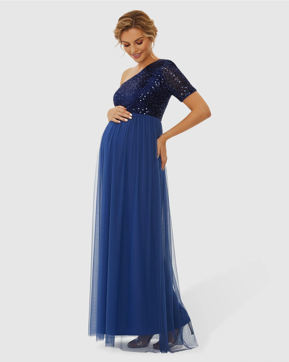 Sequin One-Shoulder Glamour Maternity Maxi Dress