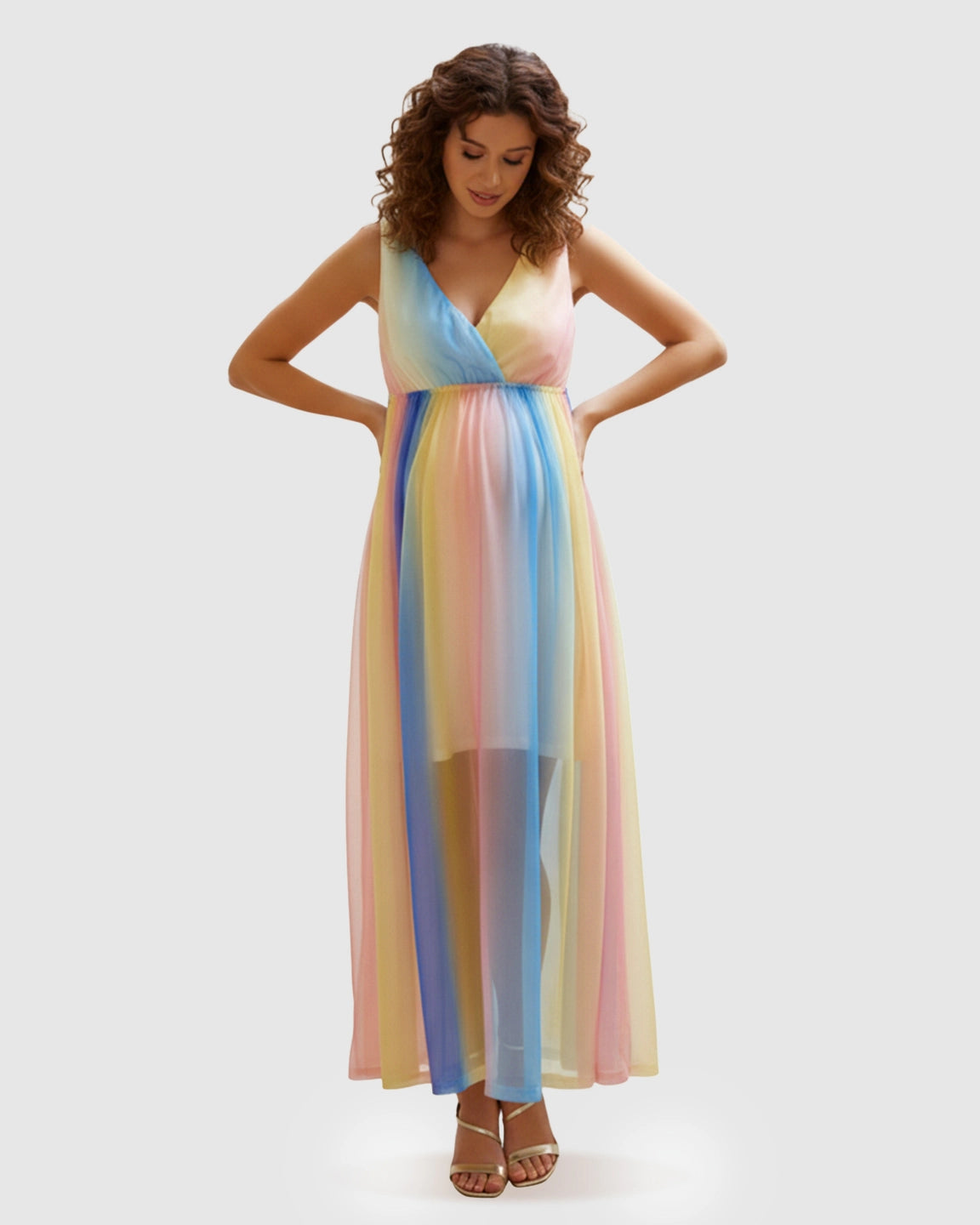 Deep V-Neck Rainbow Chiffon Maternity Maxi Dress