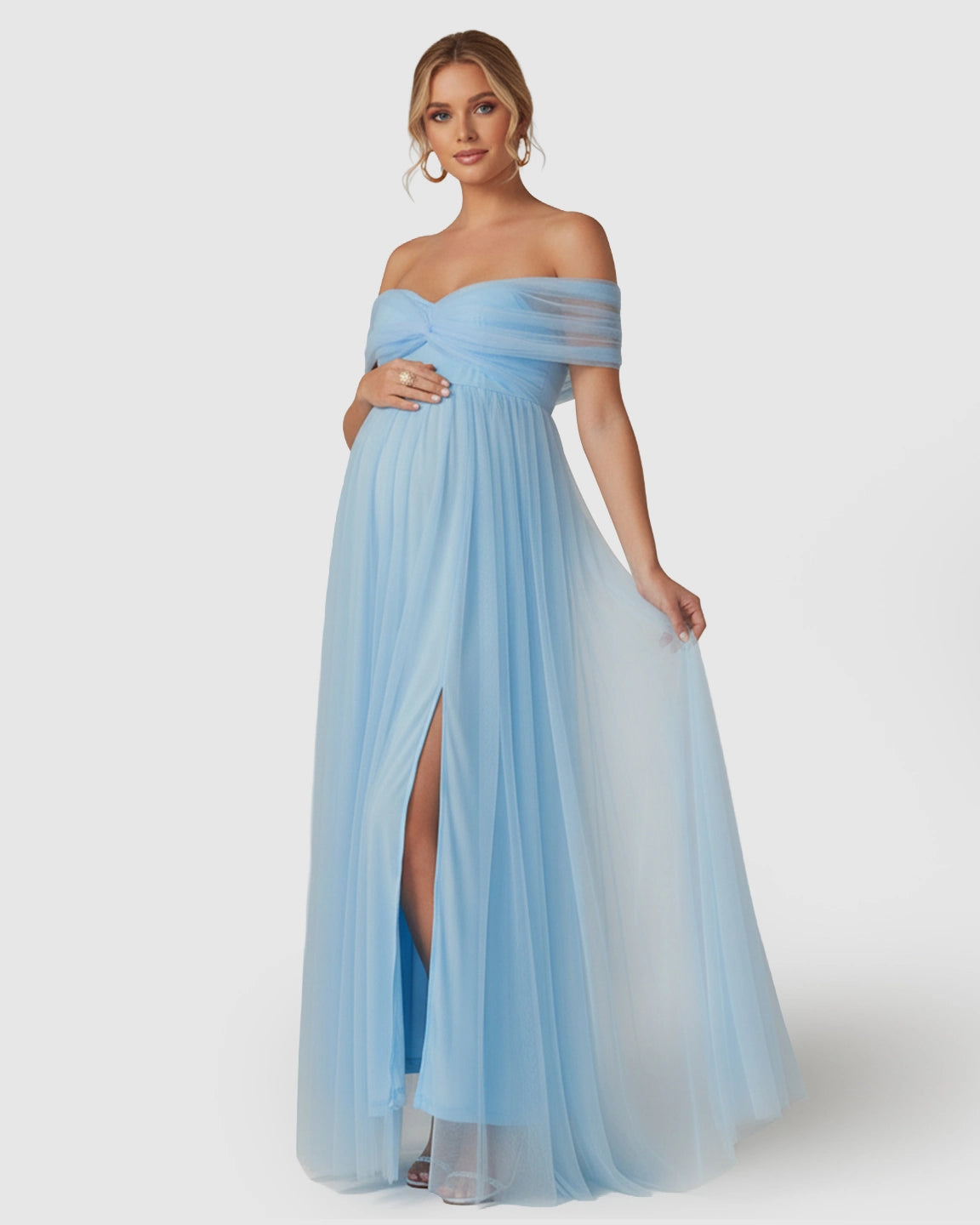 Bardot Neckline Flowy Maternity Evening Gown