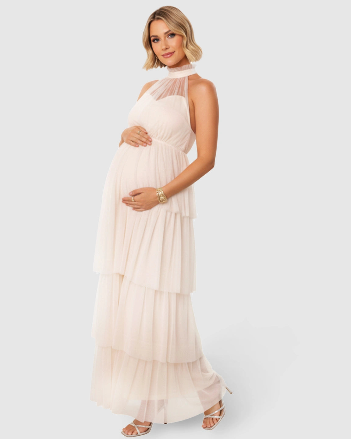 Halter Neck Tiered Mesh Maternity Gown