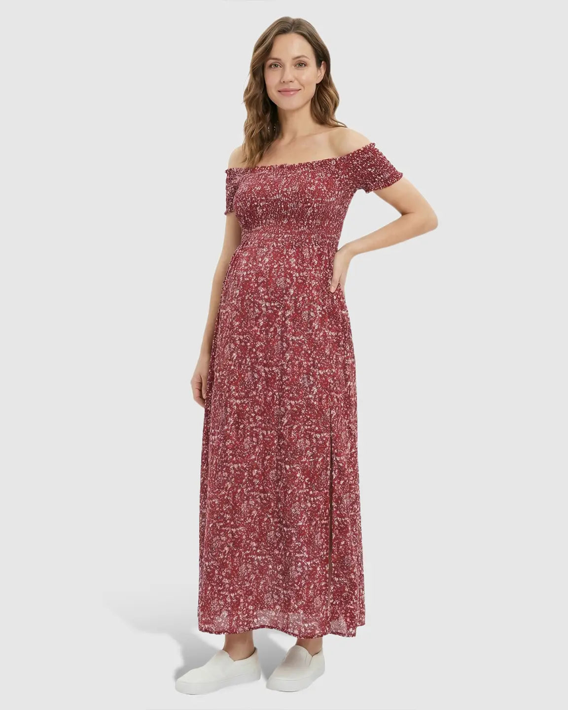 Off-Shoulder Floral Pattern Maternity Maxi Dress