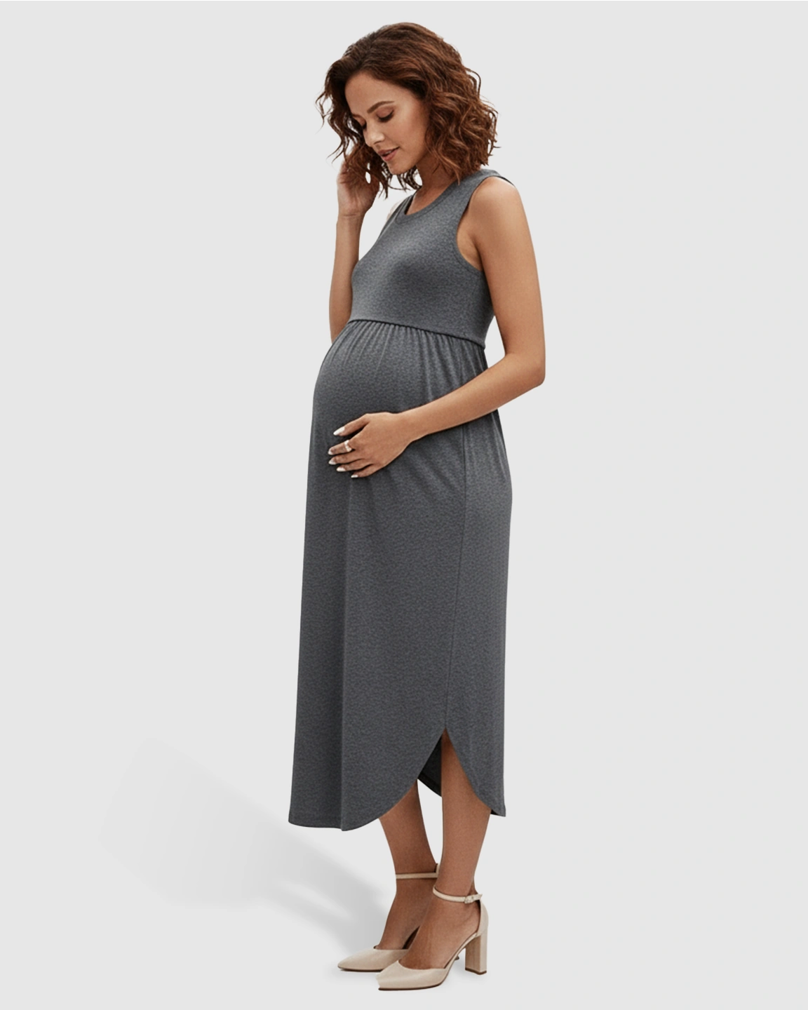 Sleeveless Gathered-Waist Maternity Midi Dress