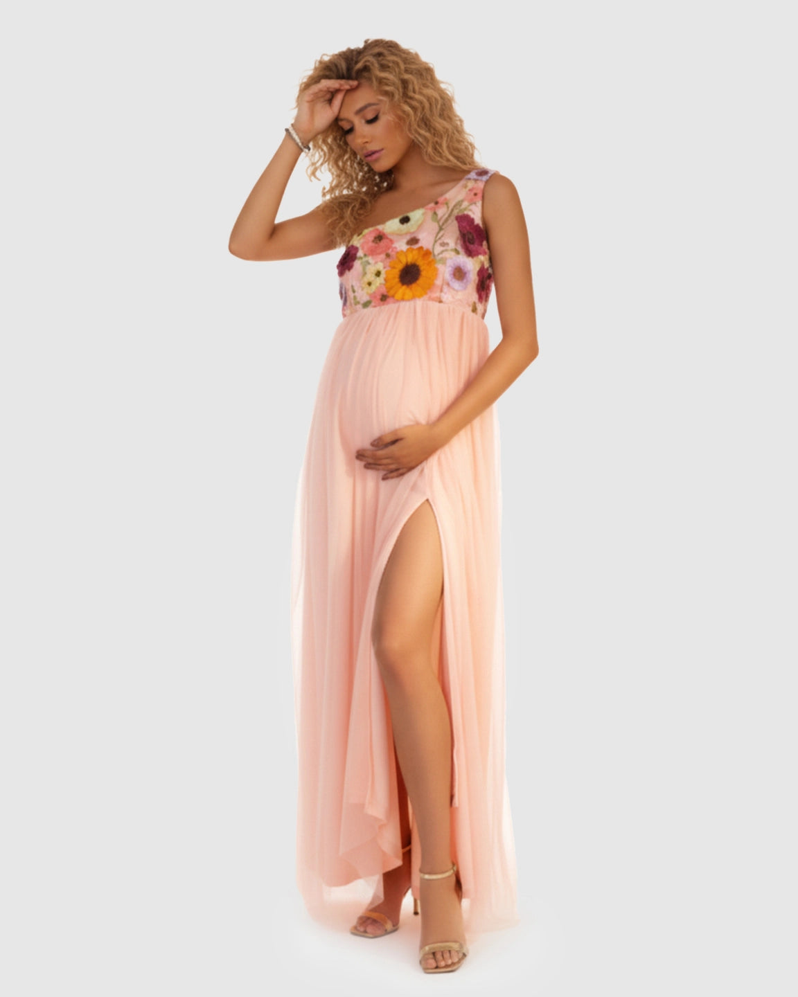 One Shoulder Flowing Mesh Skirt Maternity Maxi Dress