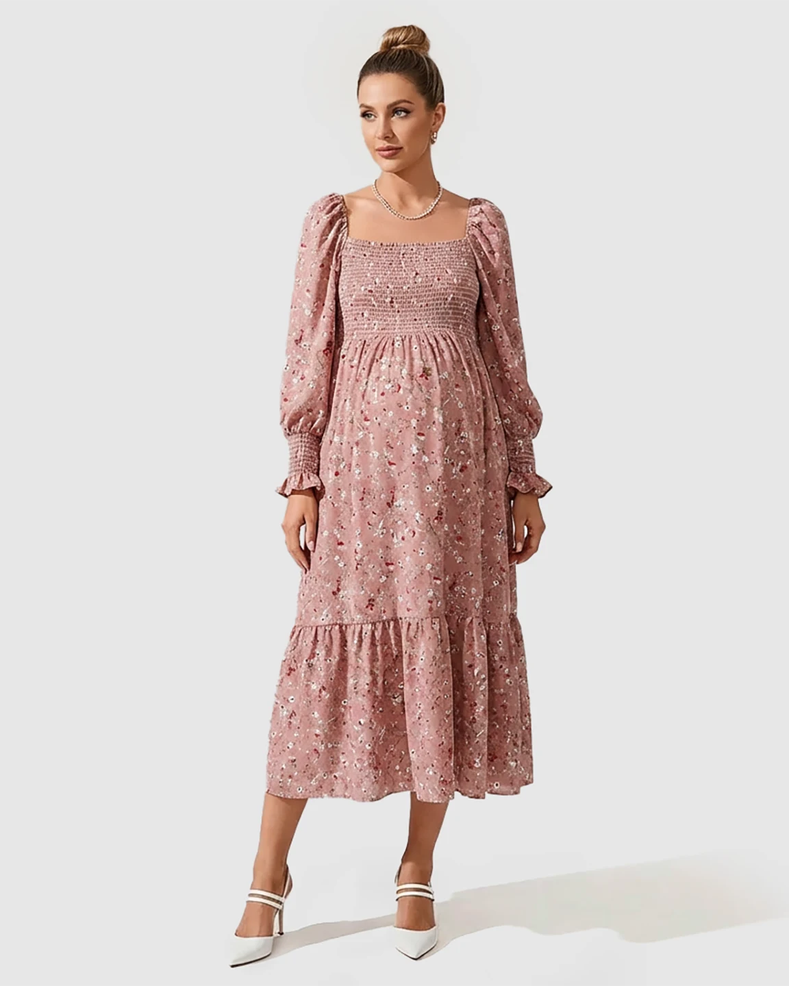 Smocked Bodice Feminine Maternity Midi Dress