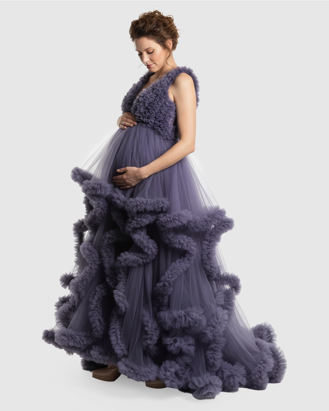 Ruffled Bodice Multi-Layer Mesh Pleats Maternity Gown