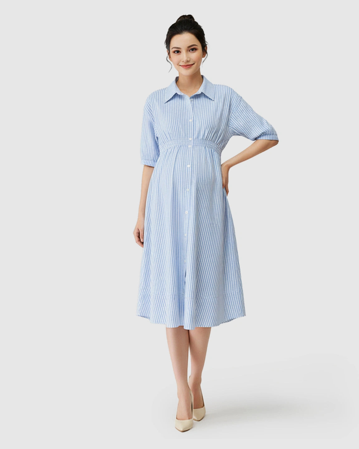 Gathered Waist Striped Shirt Maternity Dress