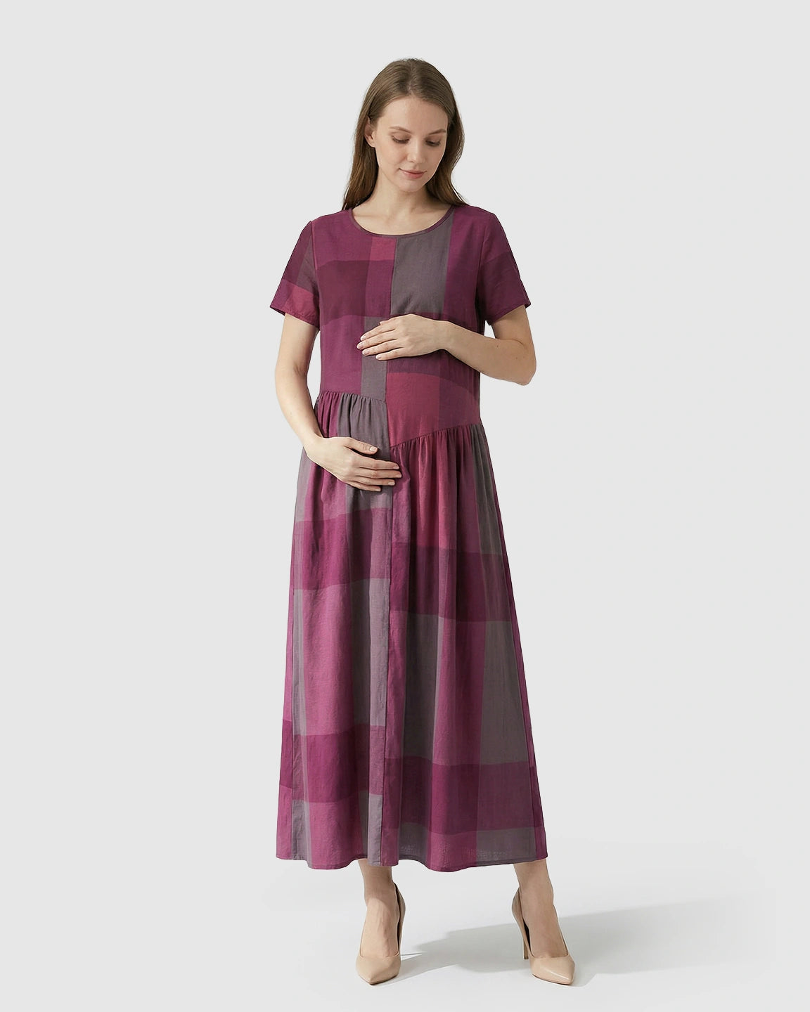 Plaid Color Block Loose Fit Maternity Maxi Dress