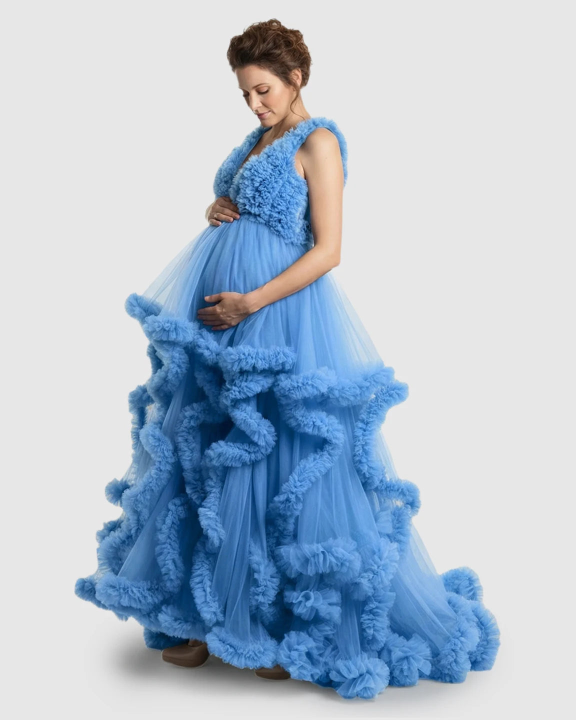 Ruffled Bodice Multi-Layer Mesh Pleats Maternity Gown
