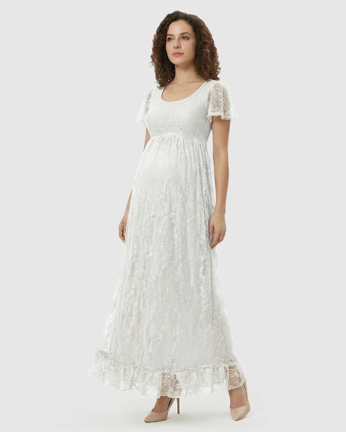 Ruffled Hem Floral Lace Maternity Photoshoot Dress