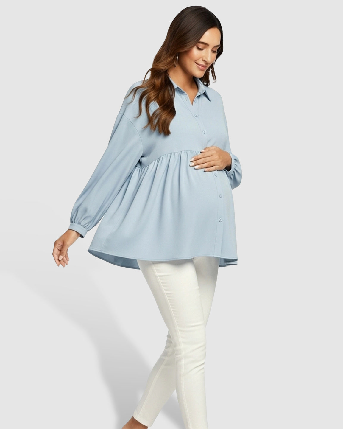 Lapel Long Sleeve Maternity Shirt