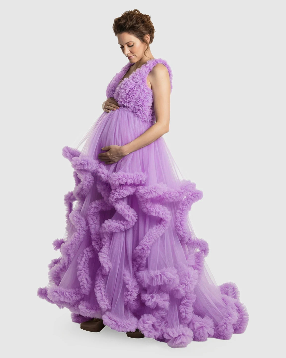 Ruffled Bodice Multi-Layer Mesh Pleats Maternity Gown