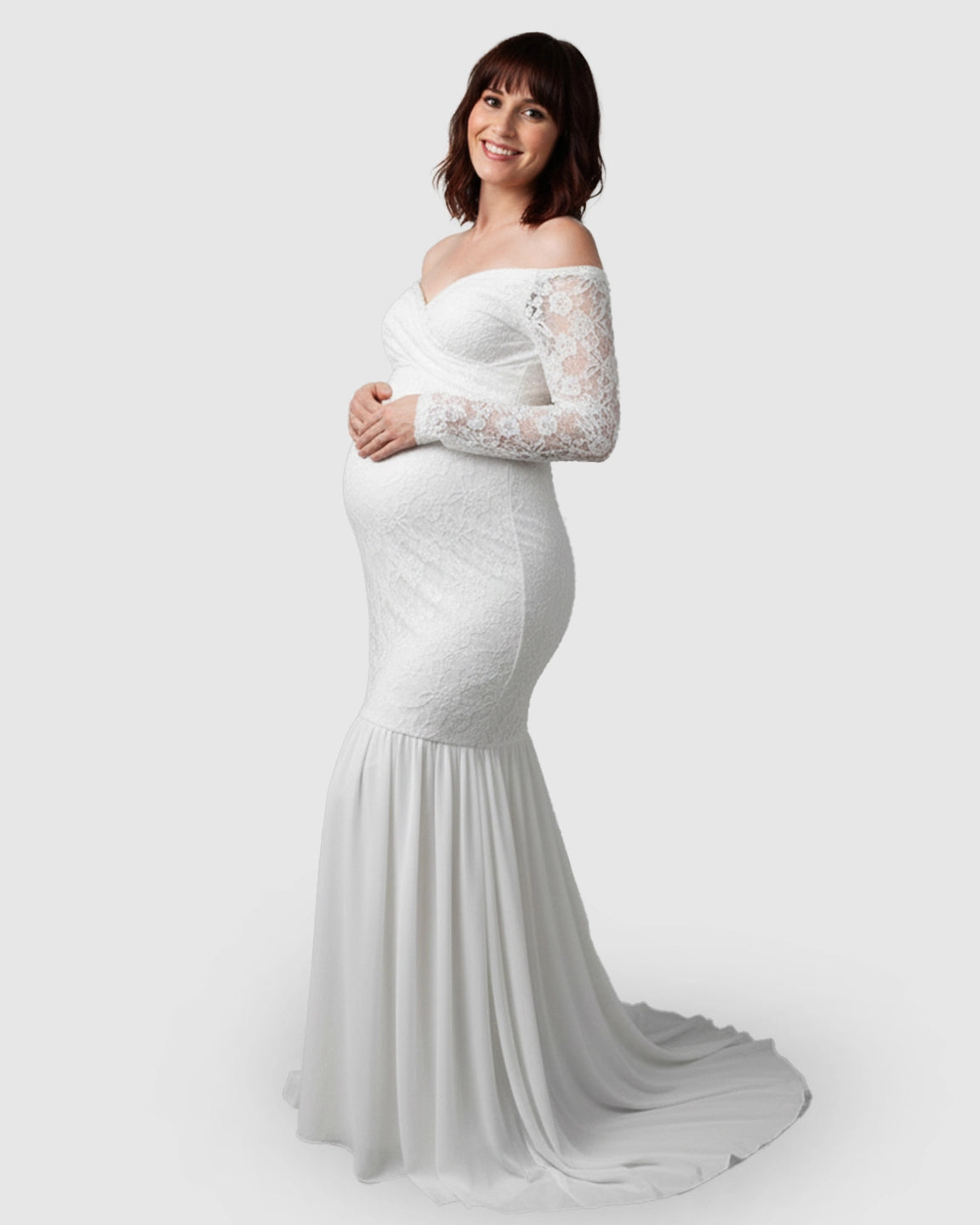Sheer Lace-Sleeve Mermaid Train Maternity Photoshoot Gown