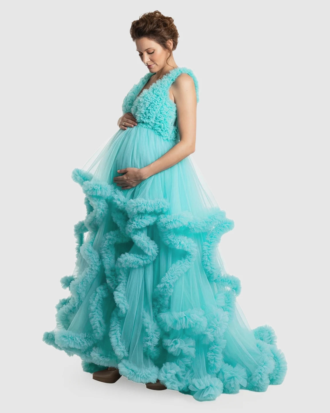 Ruffled Bodice Multi-Layer Mesh Pleats Maternity Gown