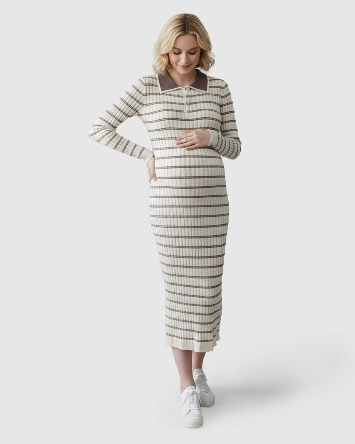 Contrast Collared Casual Maternity Midi Dress