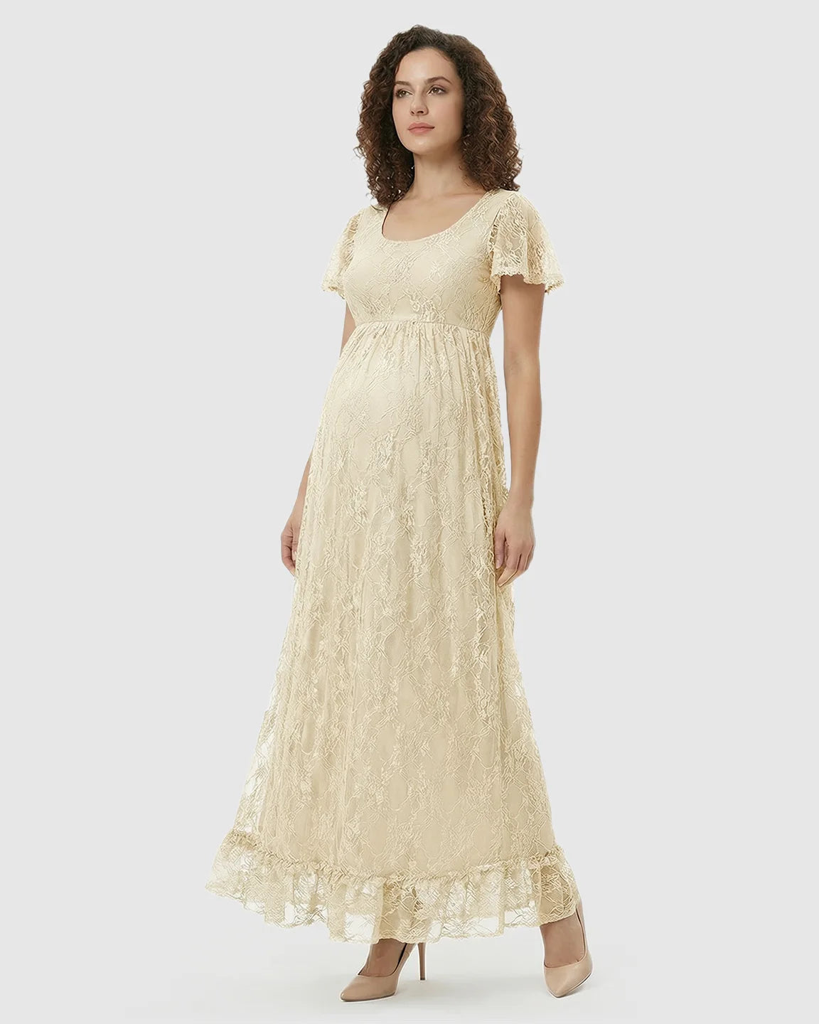 Ruffled Hem Floral Lace Maternity Photoshoot Dress