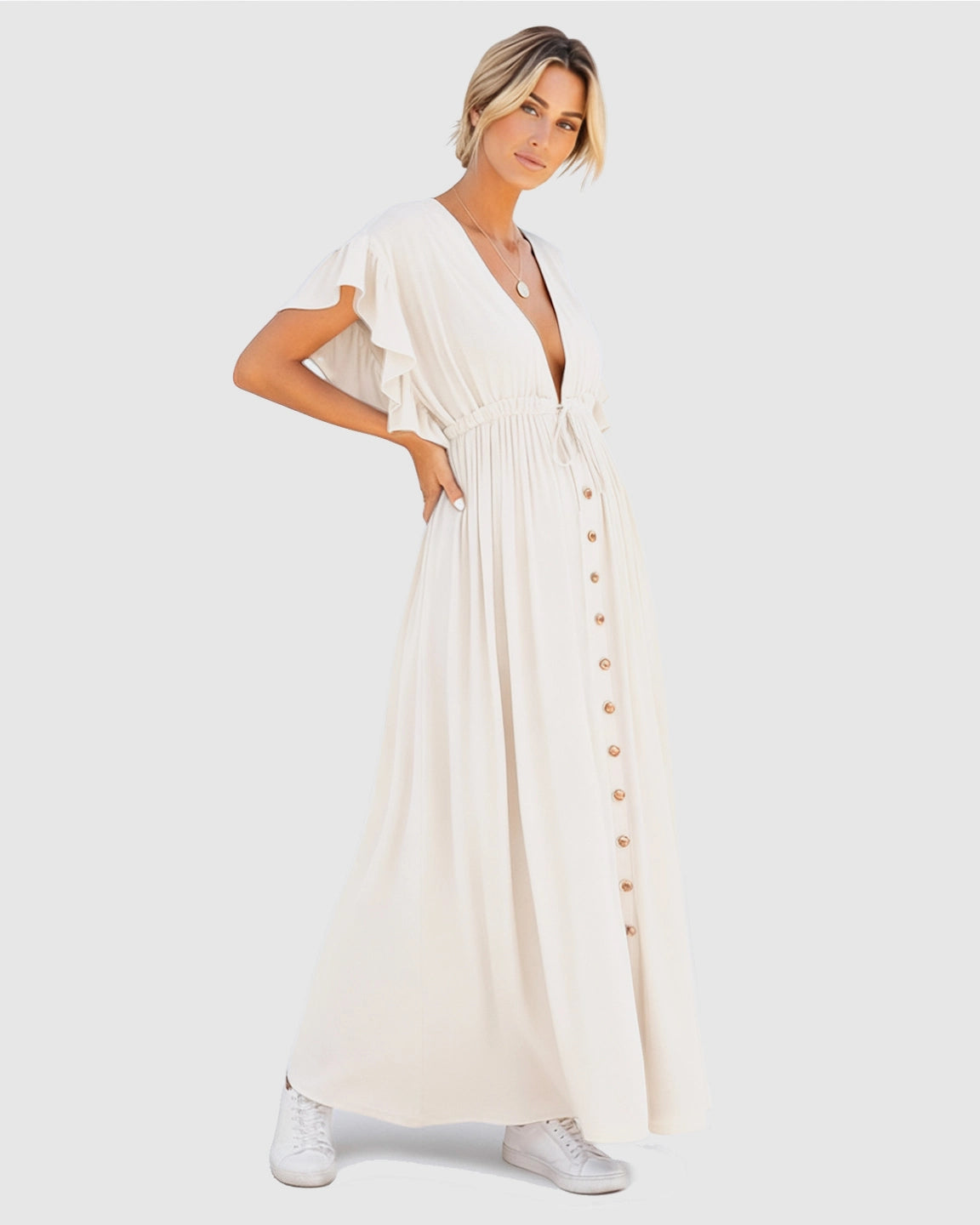 Button-Front Deep V Neck Maxi Beach Cover-Up Dress