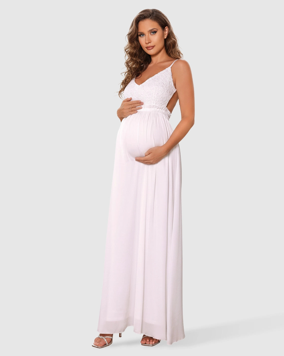 Deep V-Neck Lace Bodice Stylish Maternity Photoshoot Dress