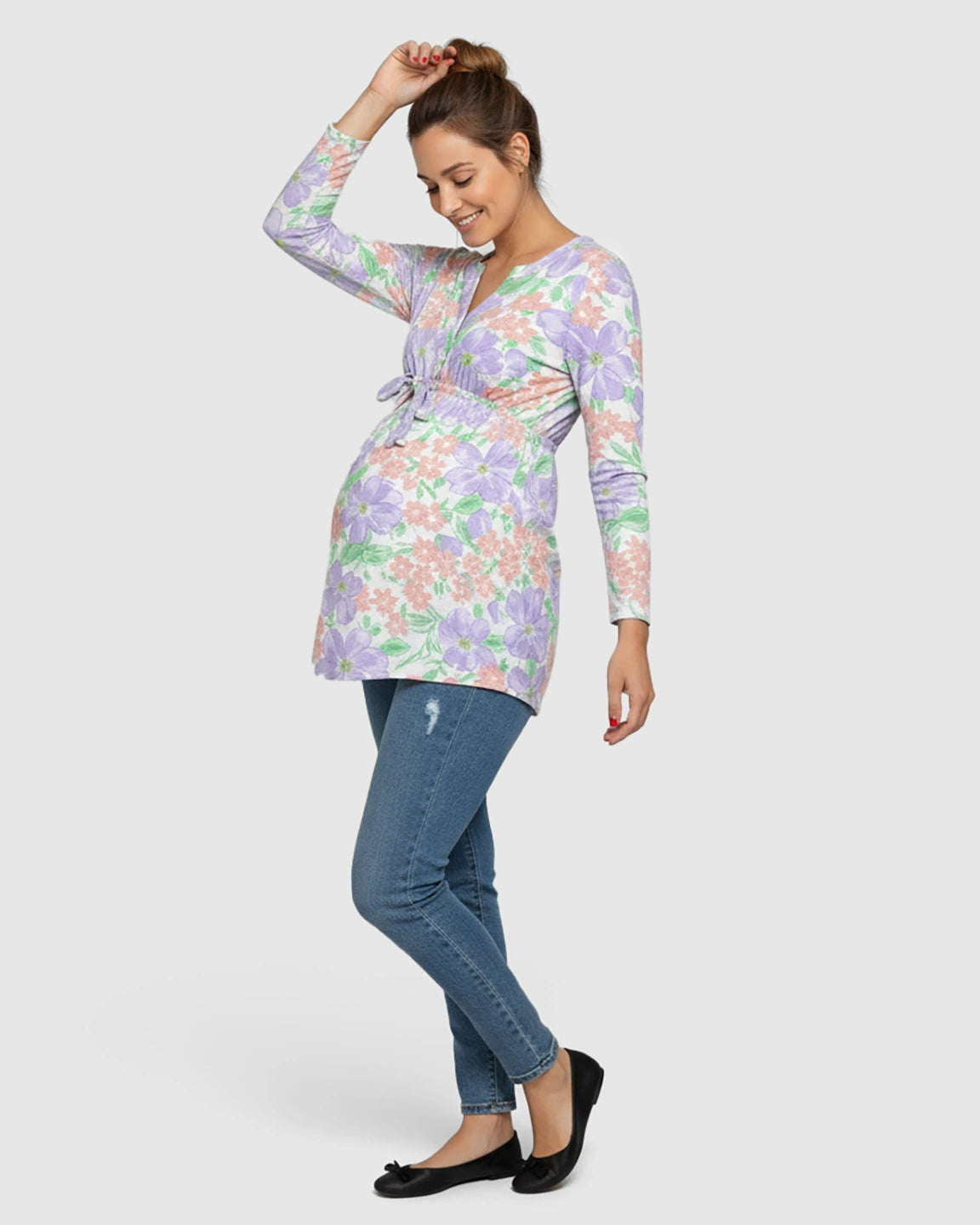 Bow Tie Detail Casual Floral Maternity Top