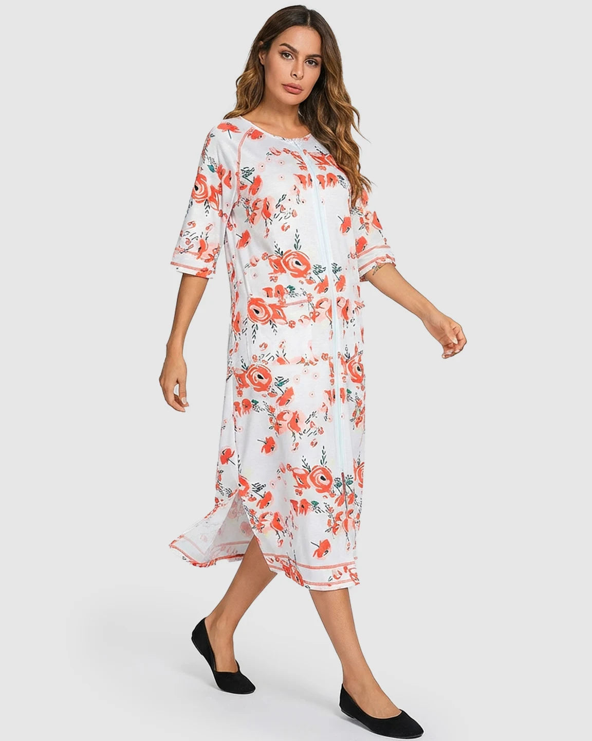 Front Zipper Floral Maternity Nursing Lounge Dress