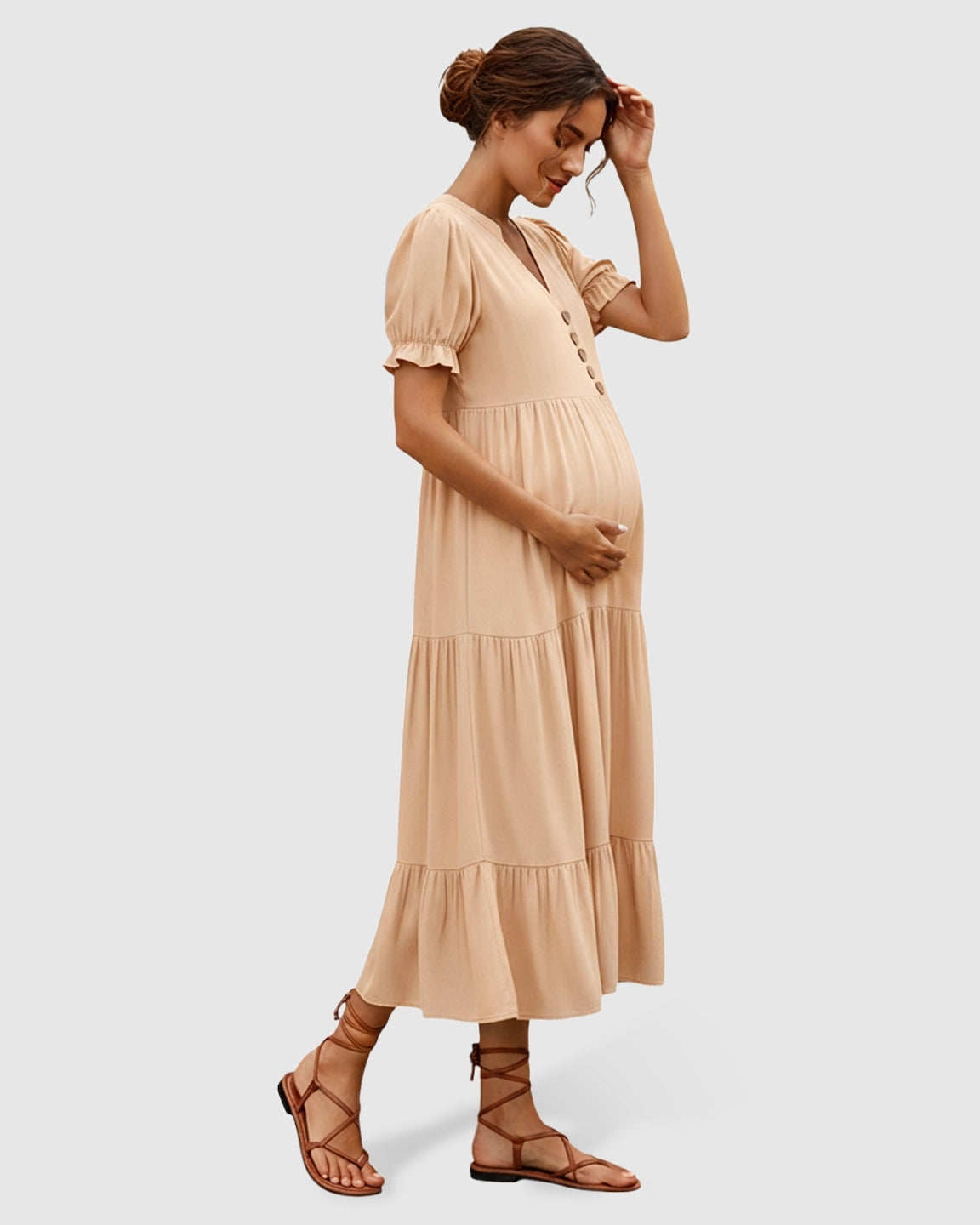 Stand-up Collar Tiered Skirt Maternity Midi Dress