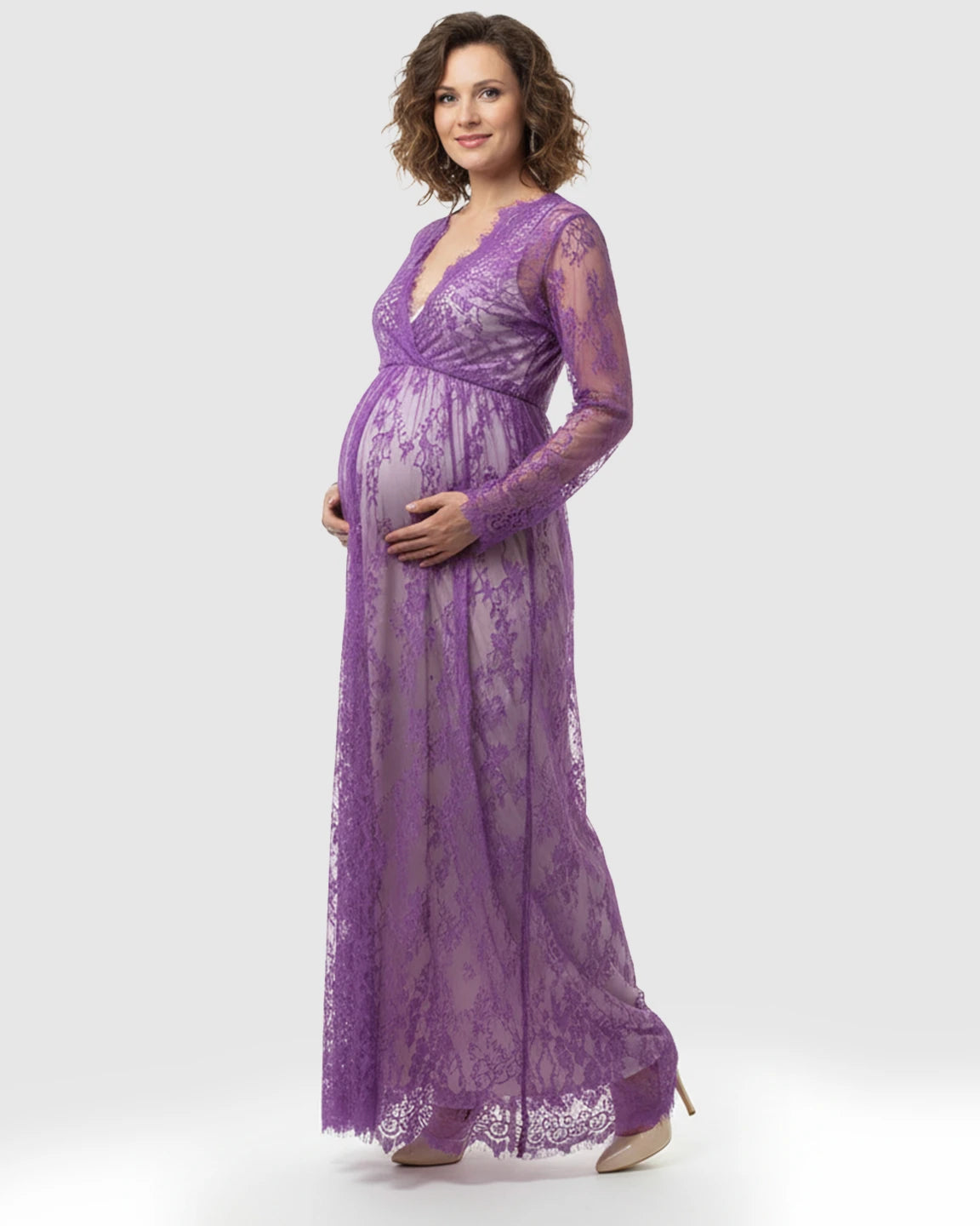 Sheer Floral Lace Empire Waist Maternity Maxi Dress