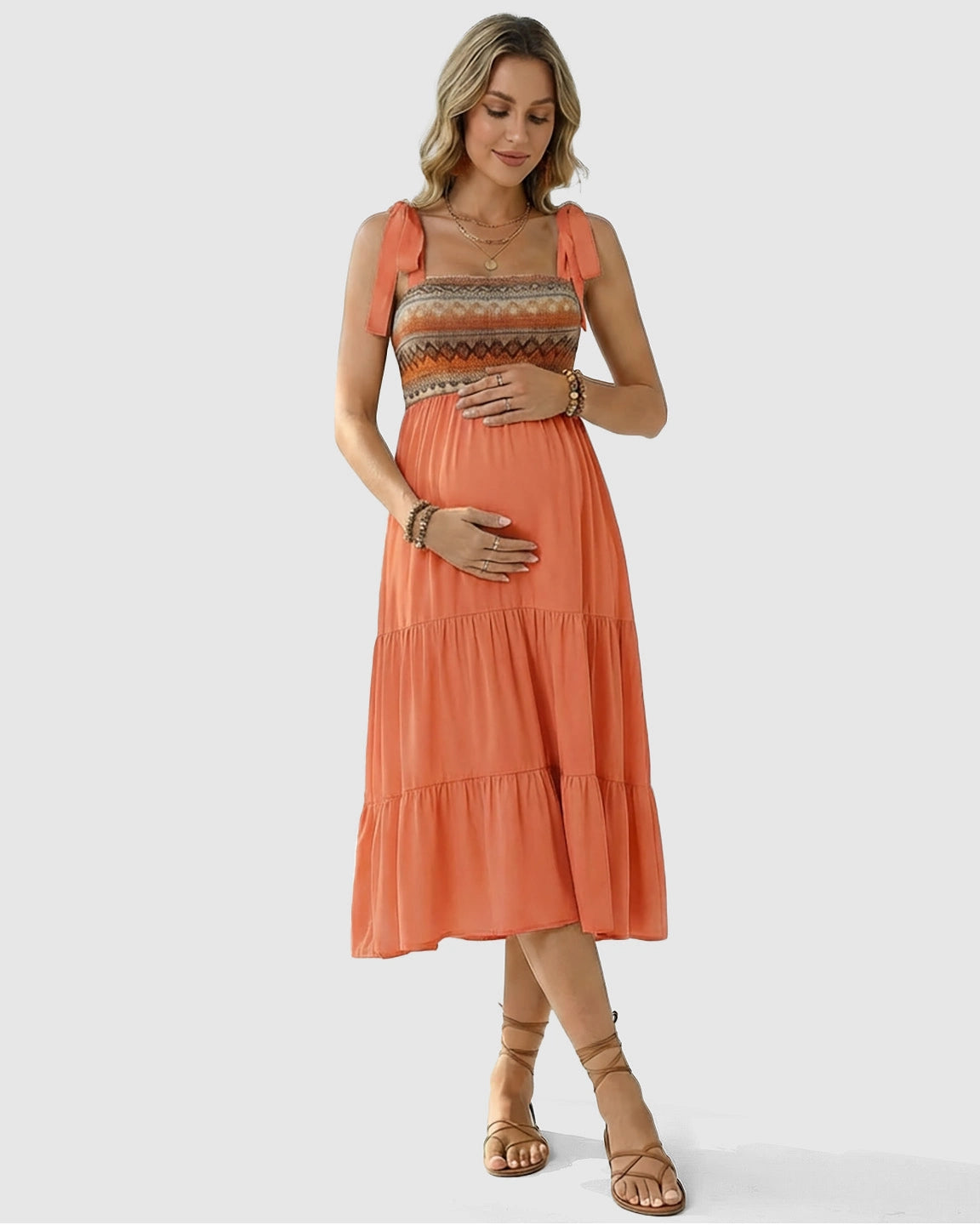 Smocked Ethnic Bodice Tiered A-Line Maternity Sundress