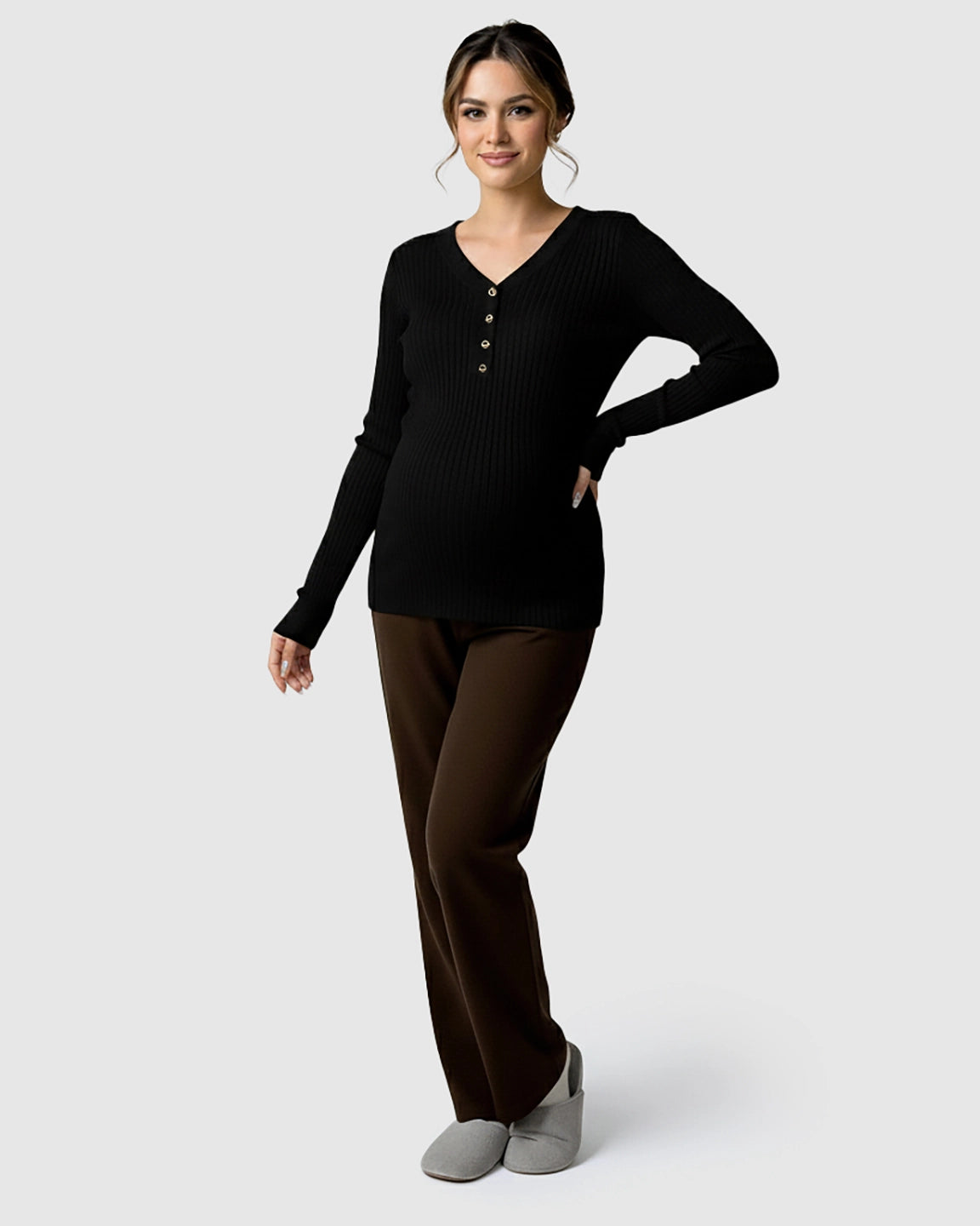Ribbed Korean V-Neck Maternity Nursing Sweater