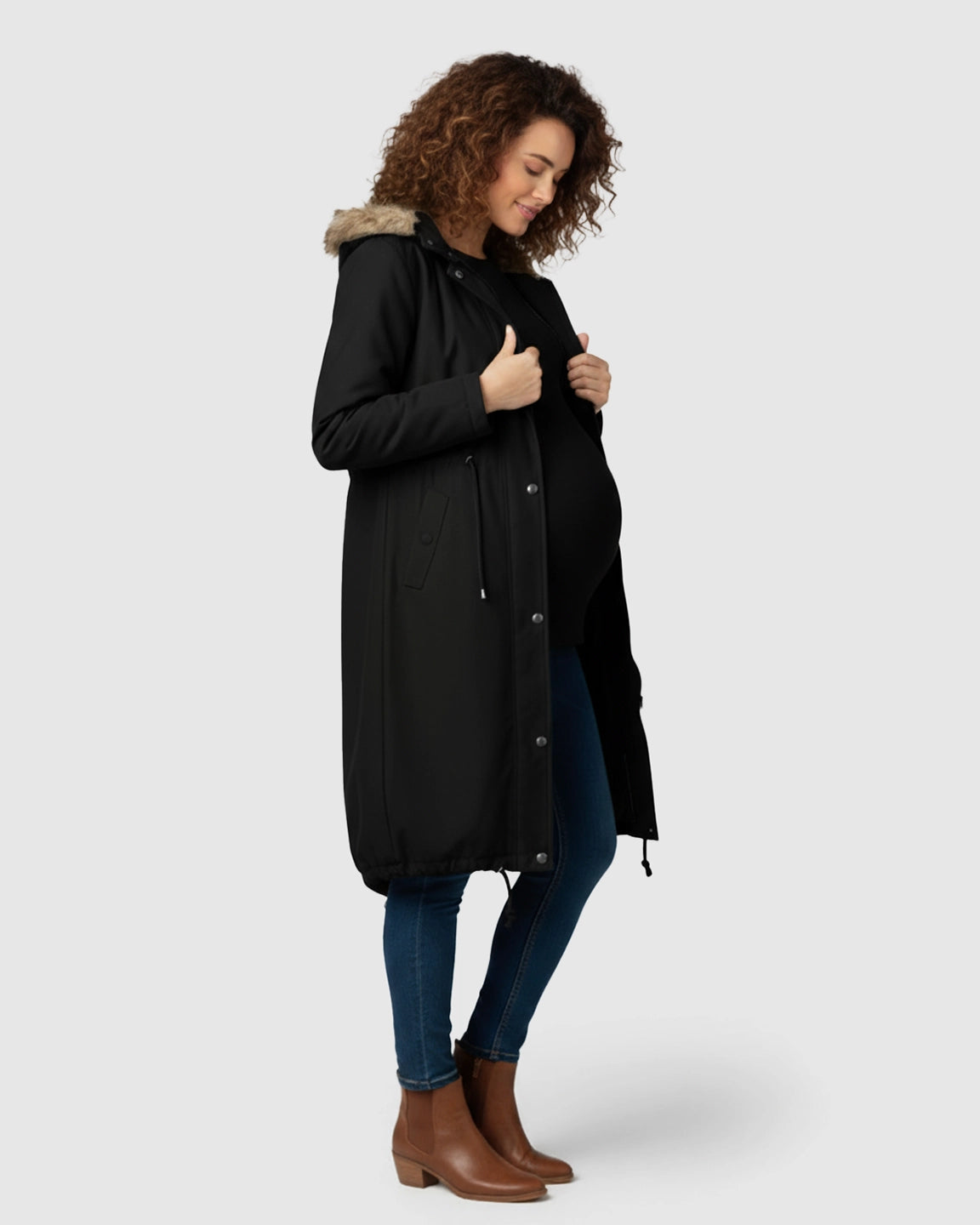 Fur Collar Hooded Long Maternity Jacket