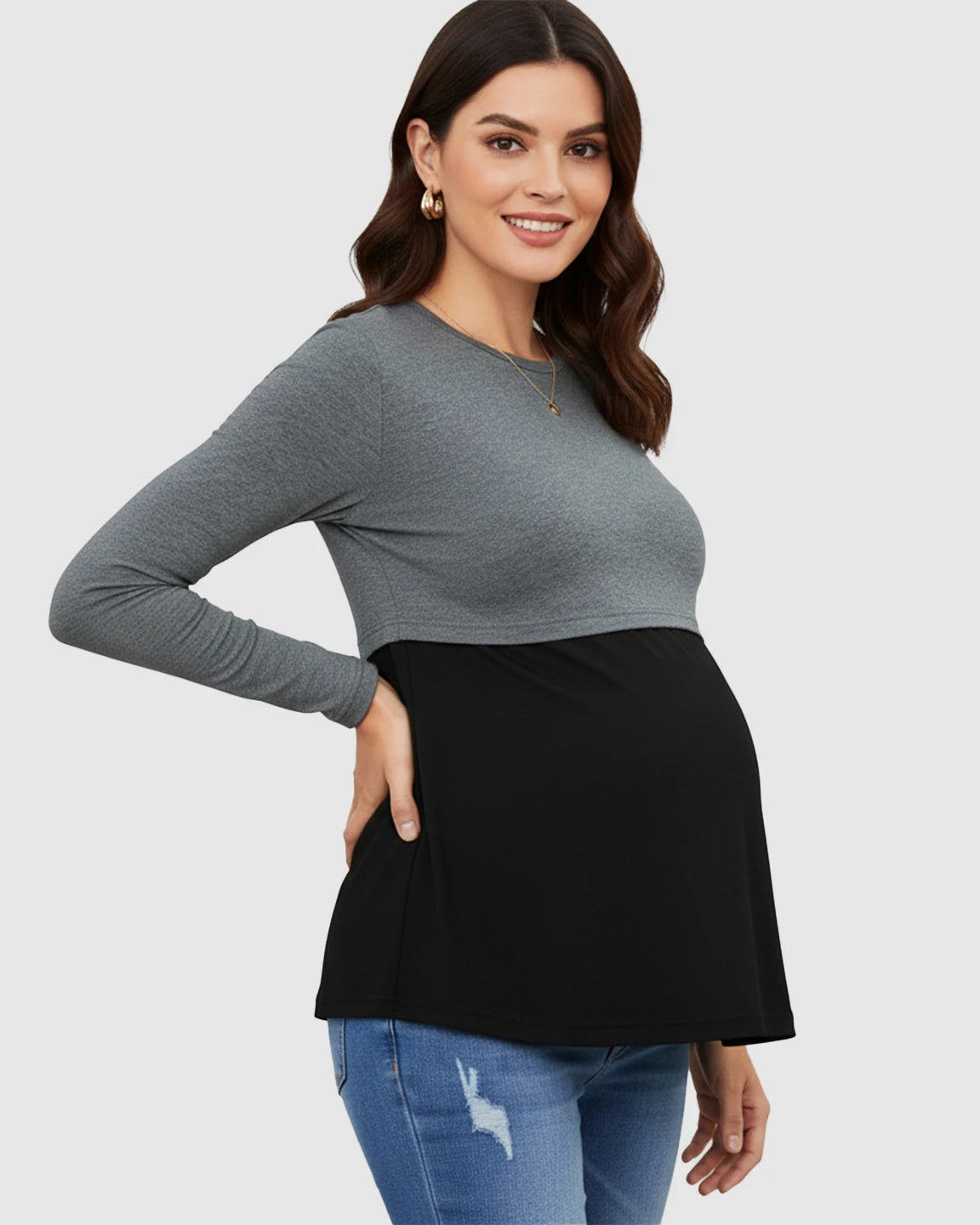 Double-Layer Nursing Access Color-Block Maternity Top