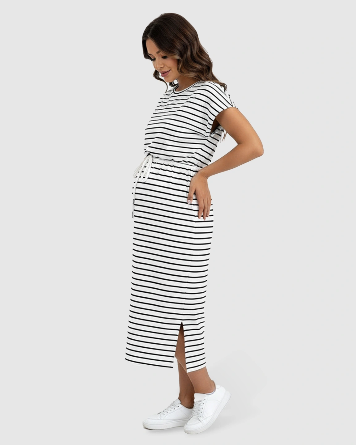 Striped Cap Sleeve Adjustable Maternity Midi Dress