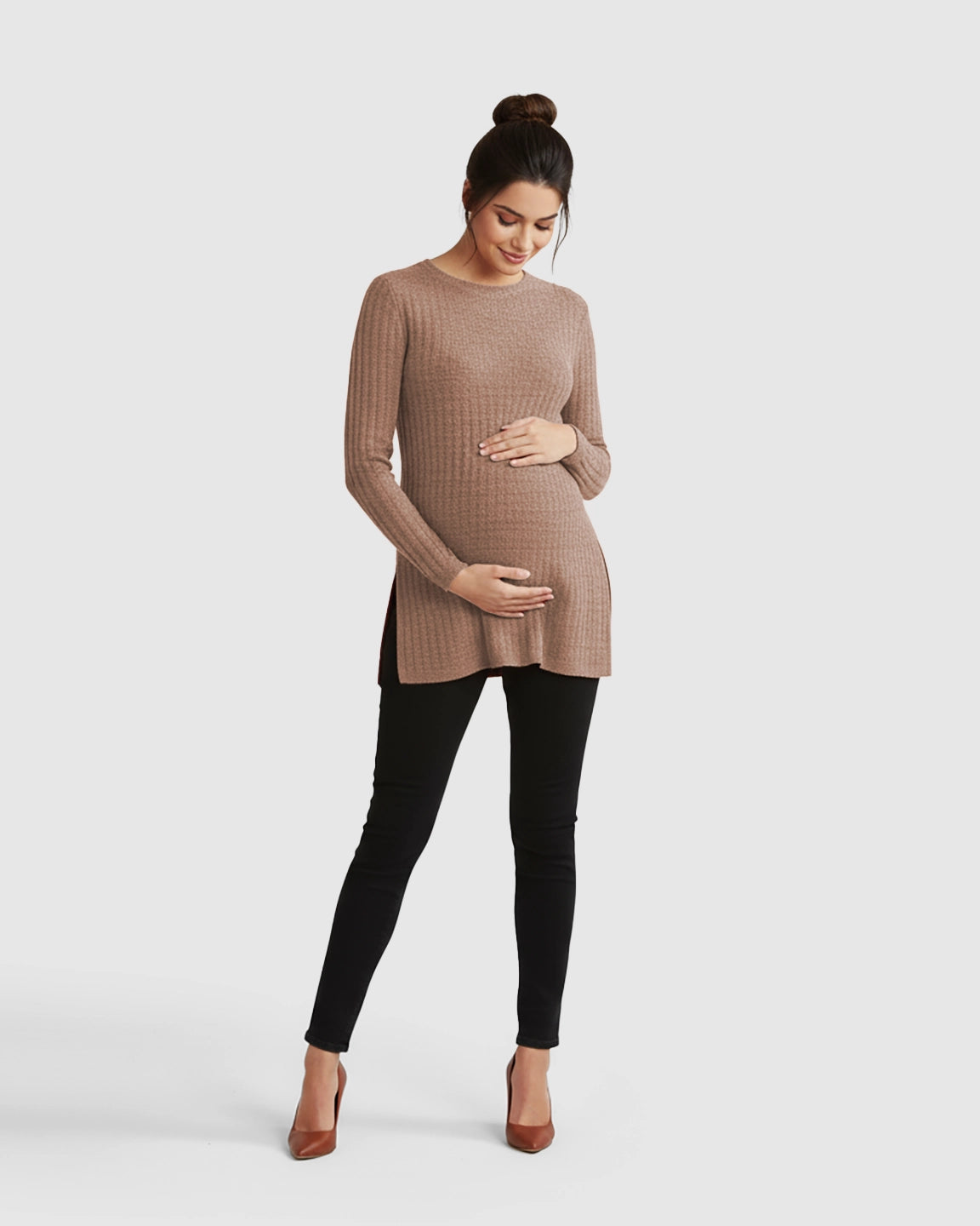 Ribbed Knit Side-Slit Long Sleeve Maternity Top