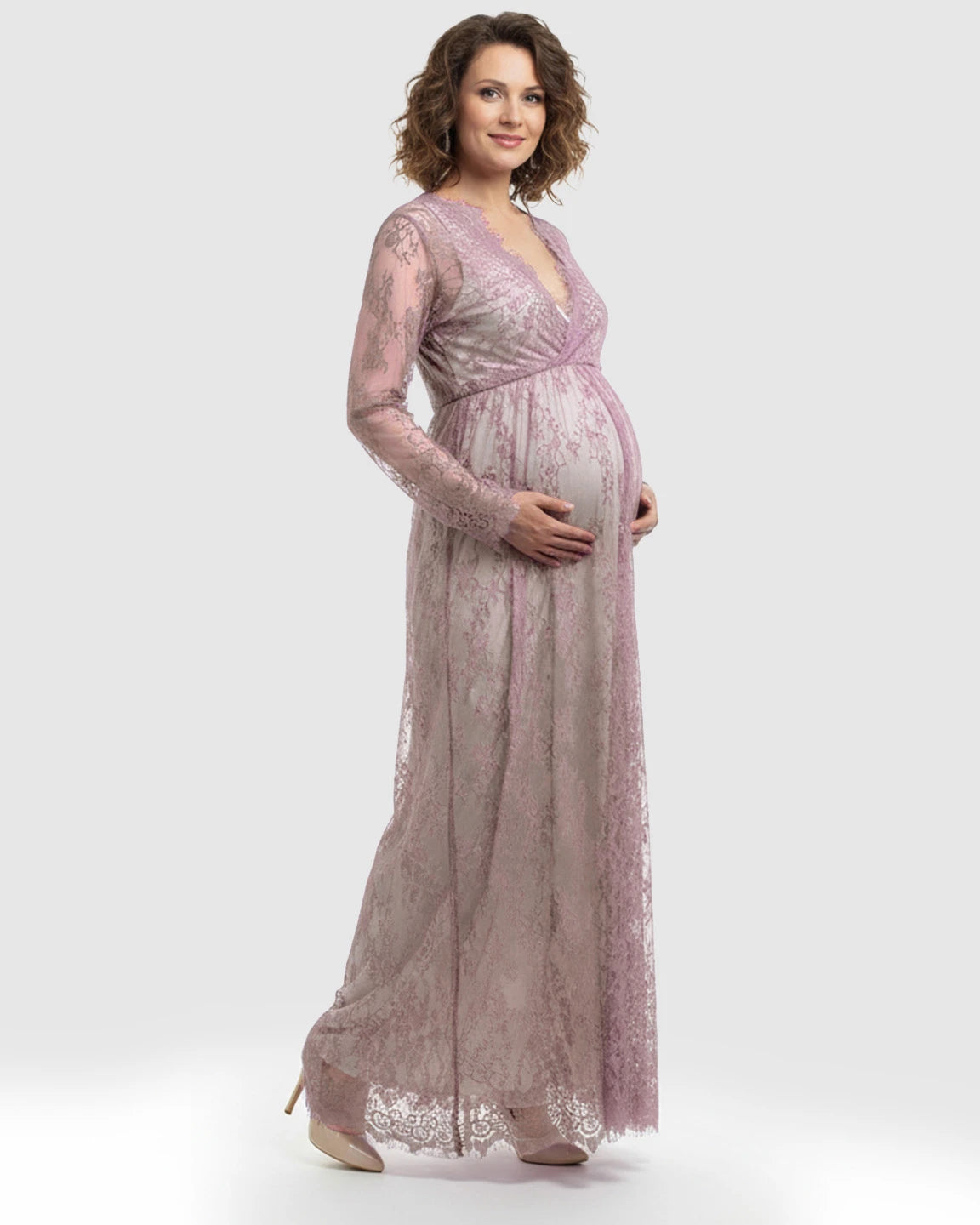 Sheer Floral Lace Empire Waist Maternity Maxi Dress