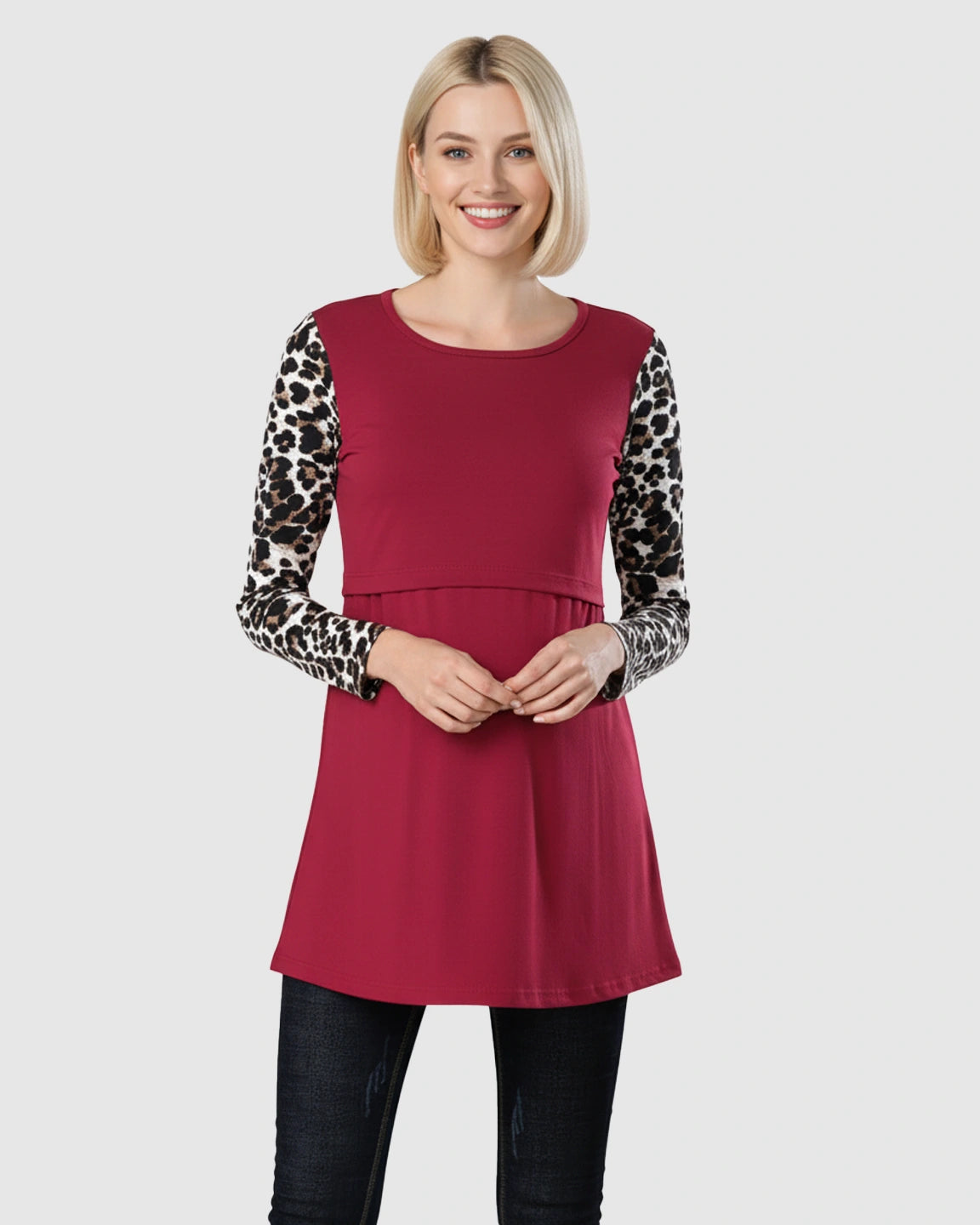 Leopard Sleeve Contrast Maternity Nursing Top