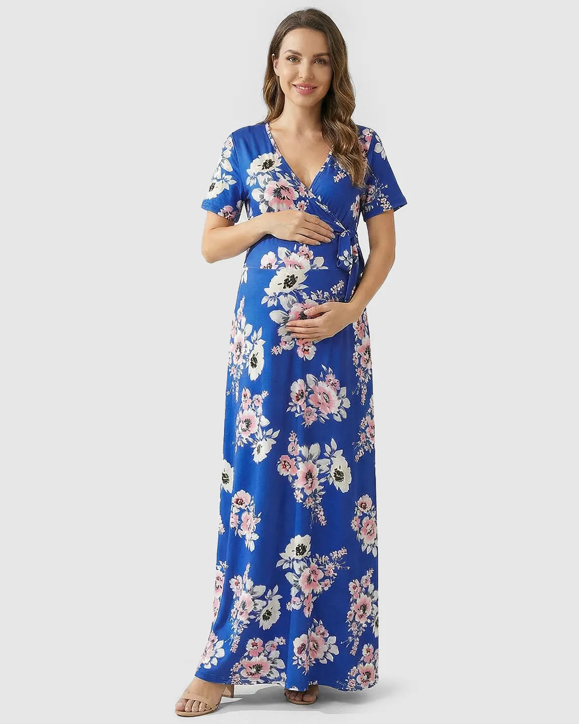 Floral Wrap Waist-Defining Maternity Maxi Dress