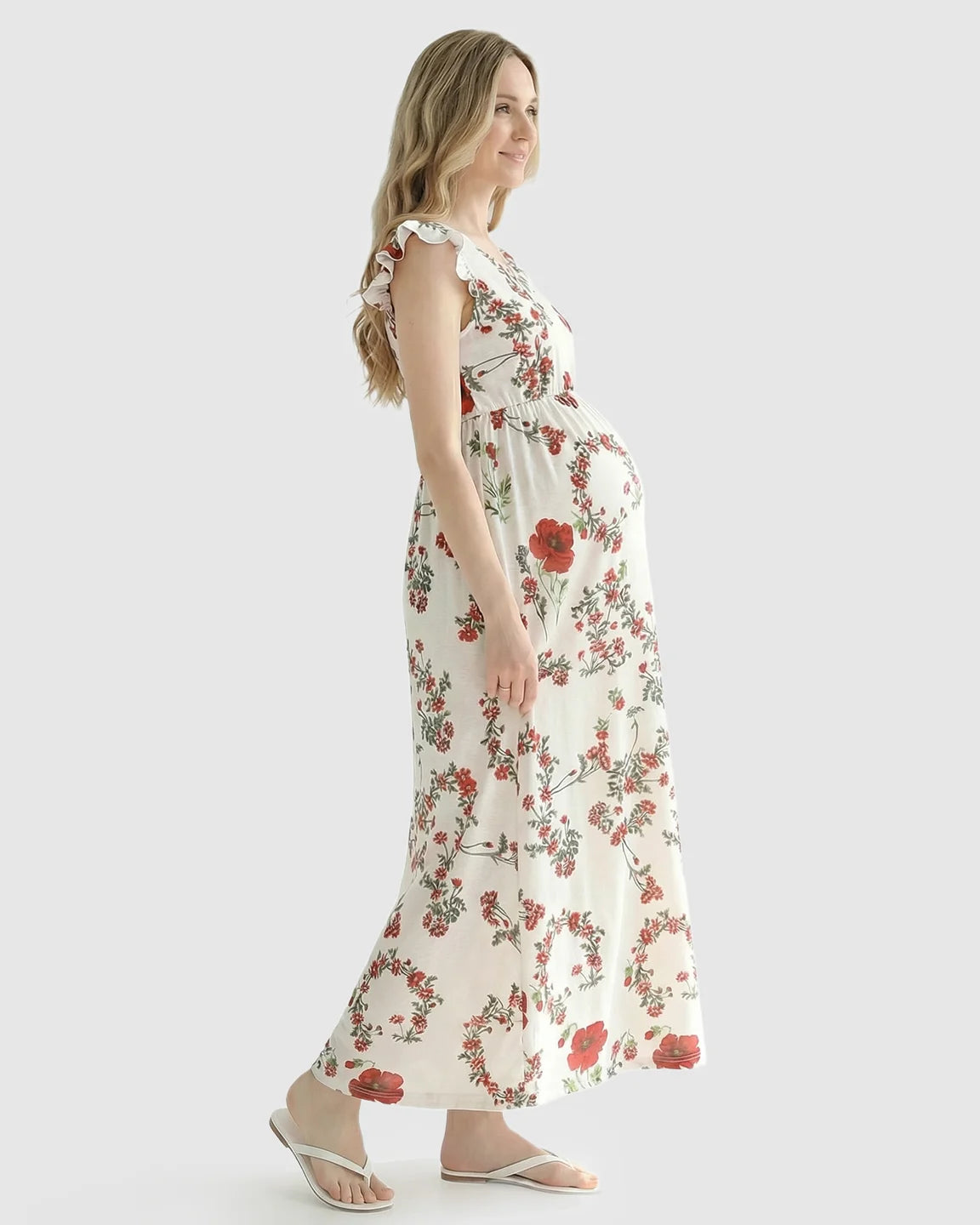 Ruffle Shoulder Floral Maternity Maxi Dress
