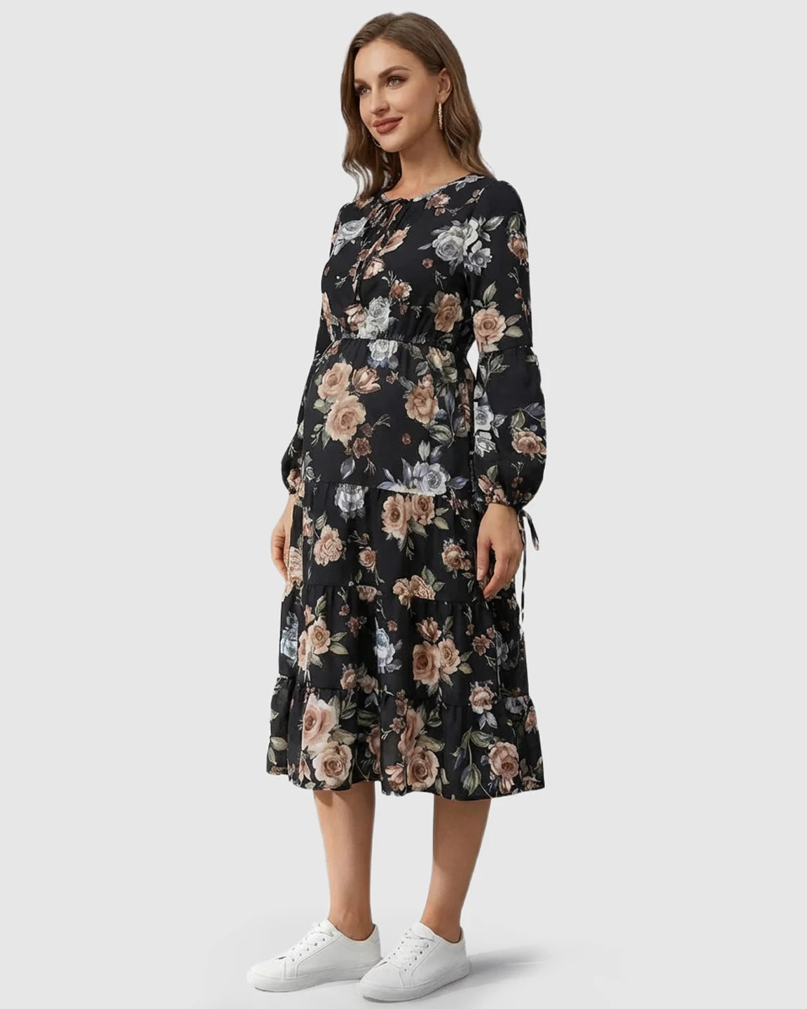 Floral Tiered Hem Boho Maternity Midi Dress