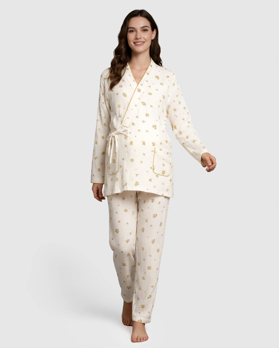 Pocketed Kimono Wrap Maternity Sleepwear Set