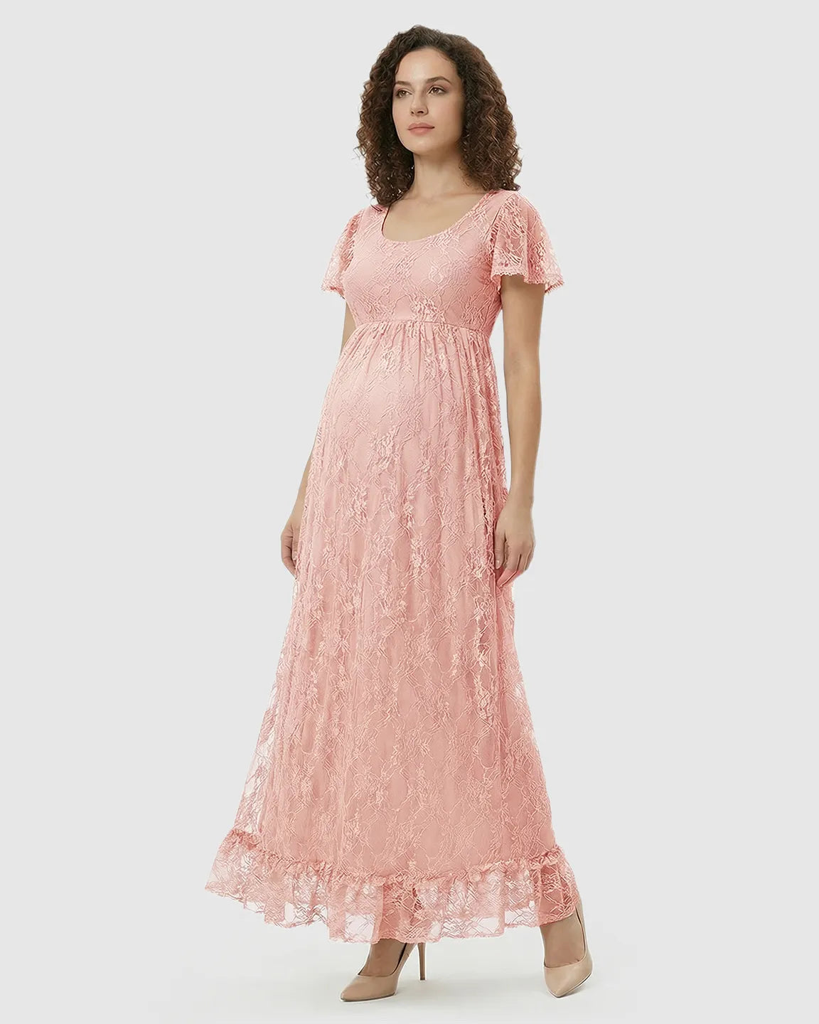 Ruffled Hem Floral Lace Maternity Photoshoot Dress
