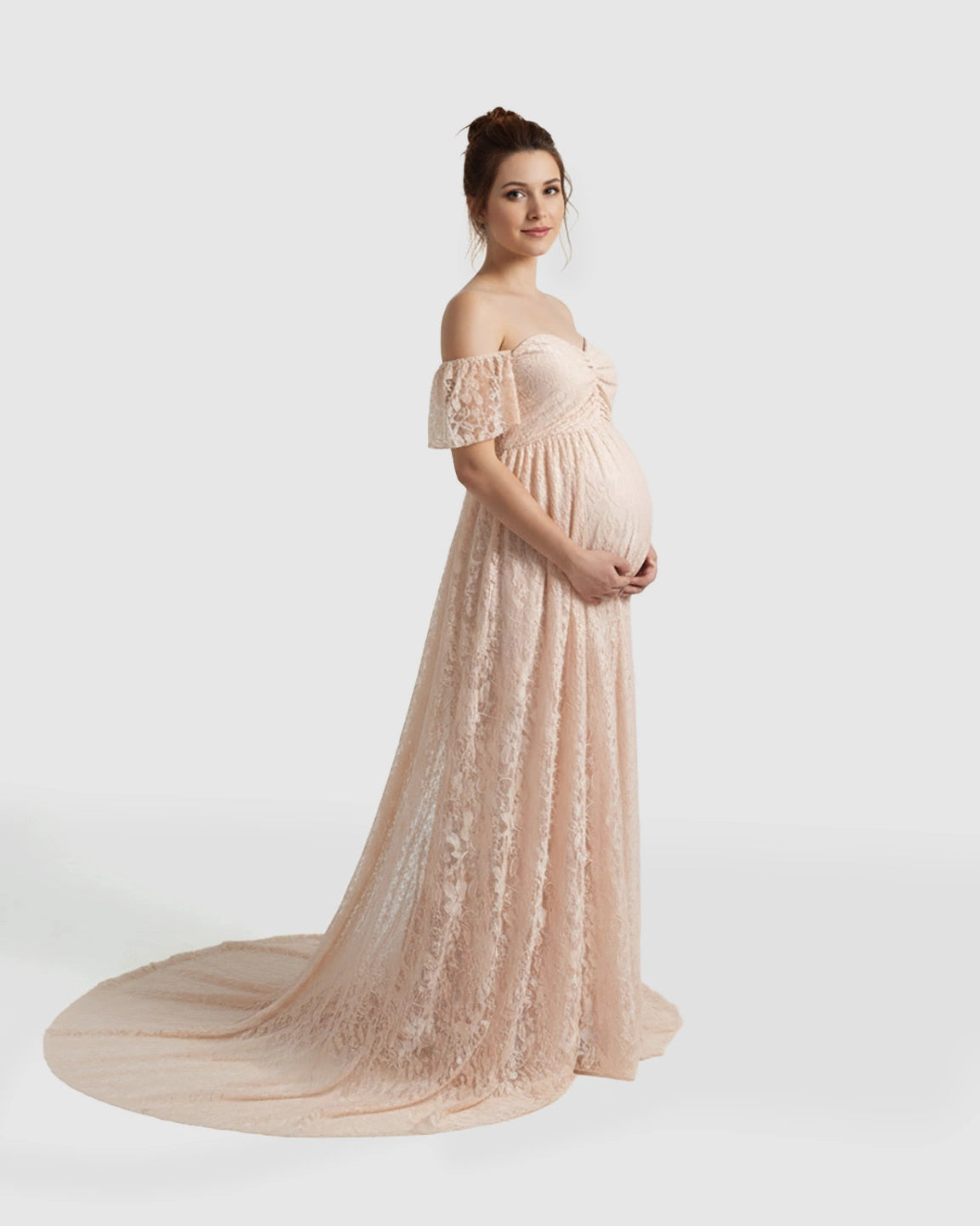 Off-Shoulder Flowing Lace Maternity Maxi Dress